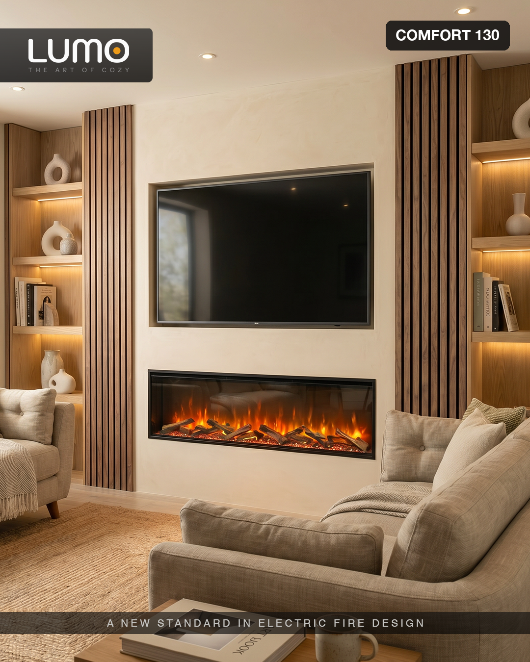 Lumo Comfort 130 electric fire in a warm media-wall room setting