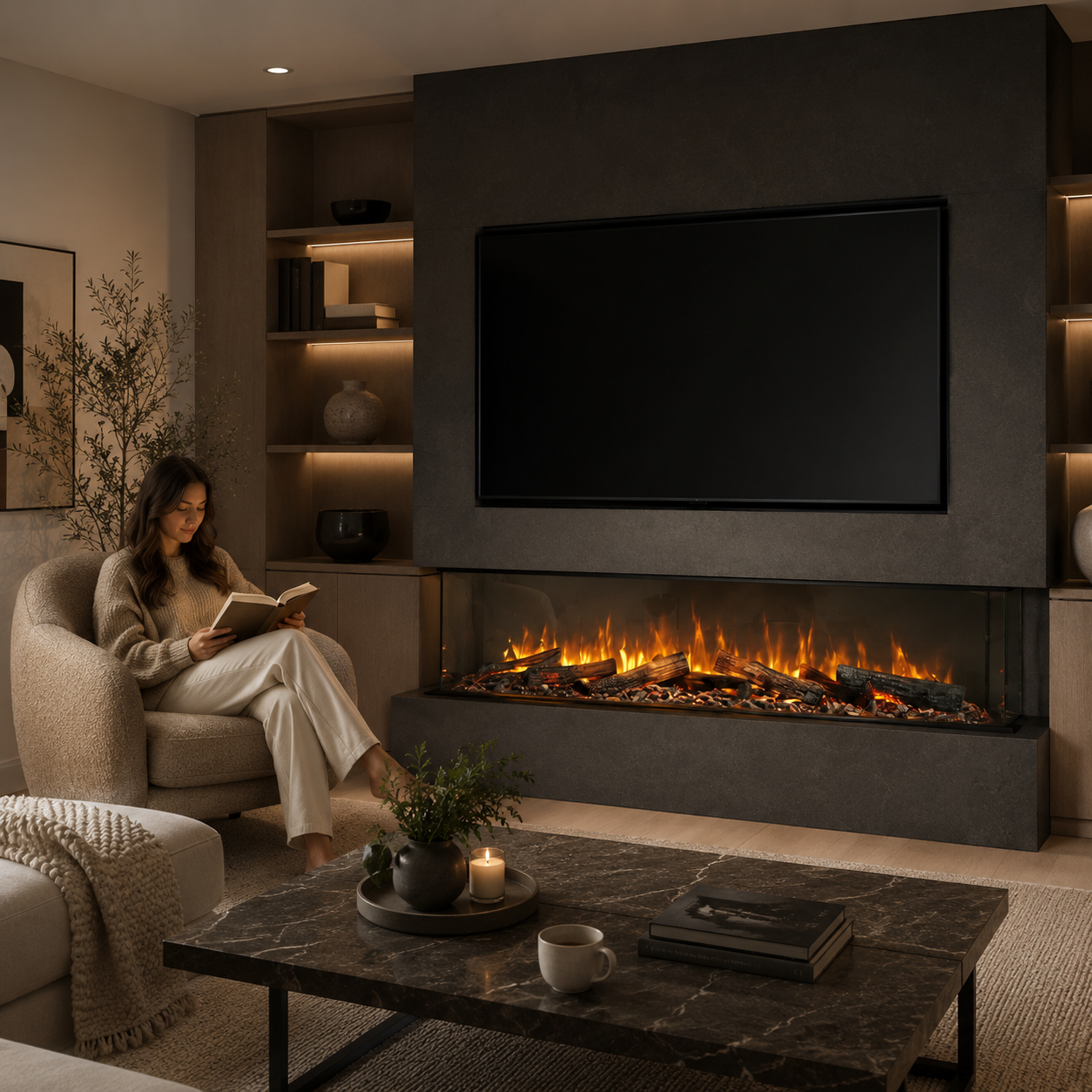 Woman reading a book in a cozy living room with a lumo ultra 150 electric fireplace and television.
