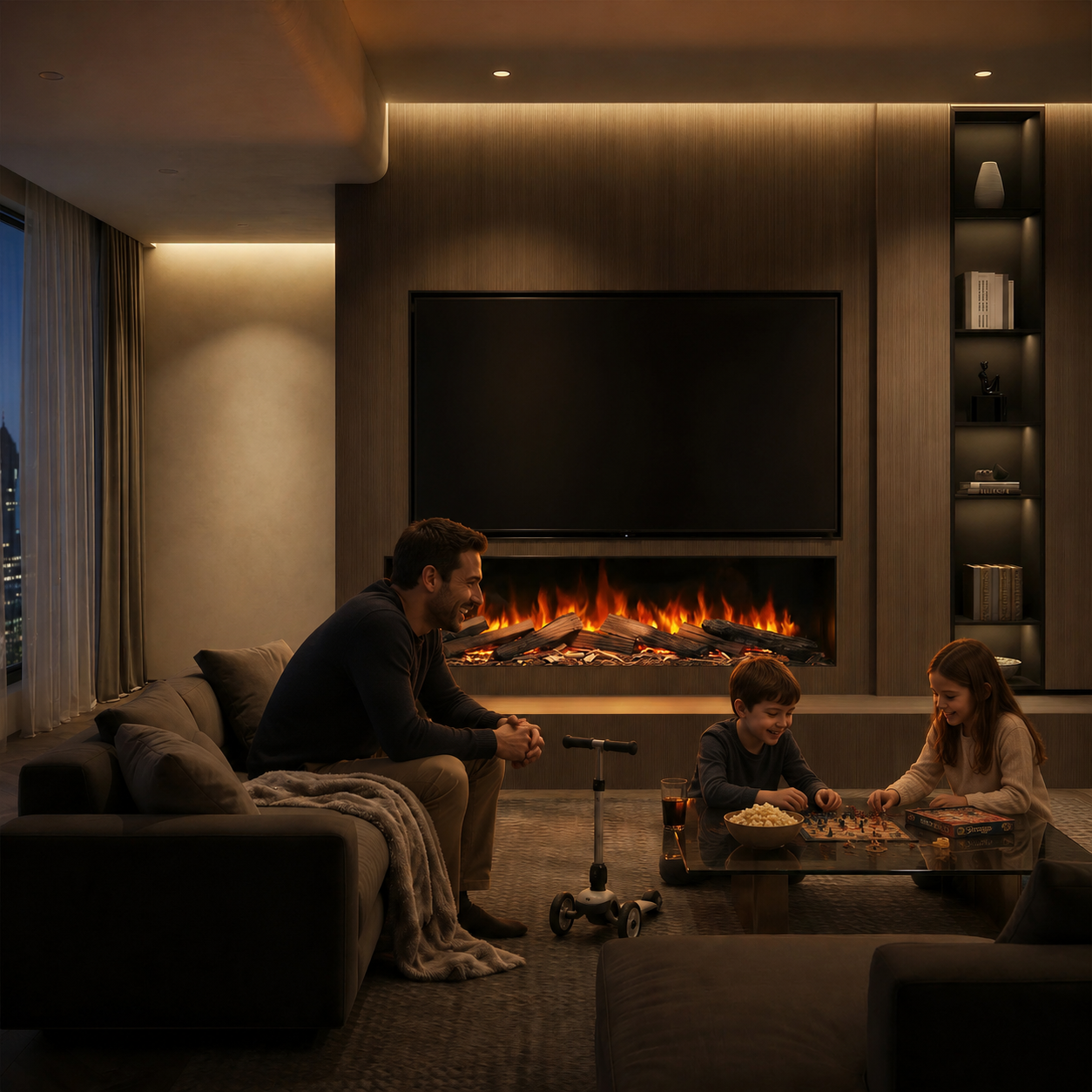 Family gathered around a coffee table in a modern living room with a fireplace.