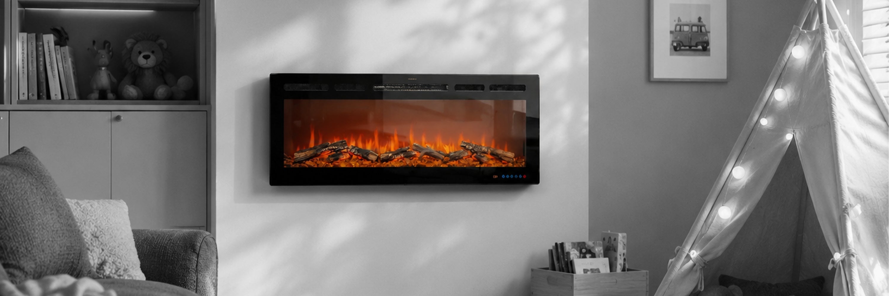 Wall-mounted electric fireplace in a living room setting with a cozy atmosphere.