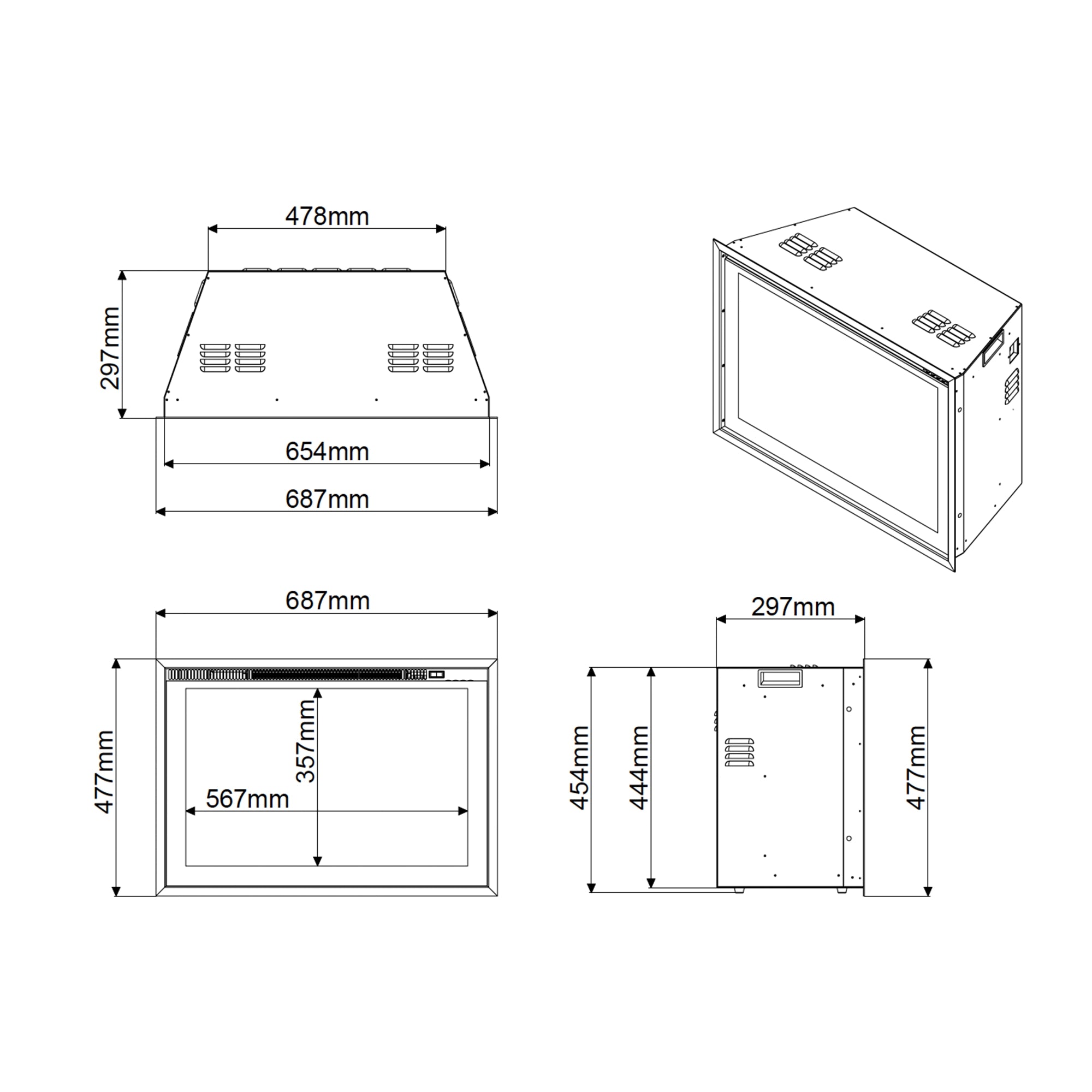 Technical drawing of a Lumo loft inset electric fire with dimensions labeled