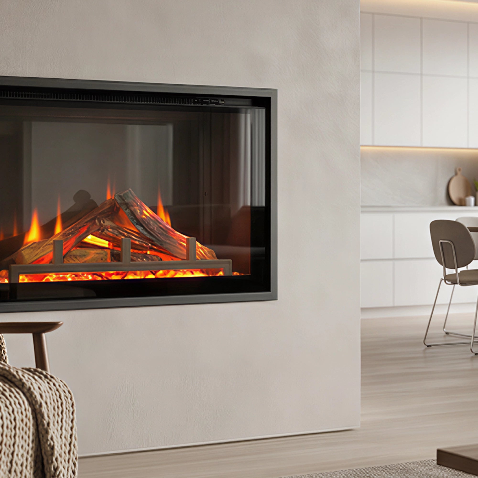 Modern electric fireplace in a living room setting with a neutral color scheme.