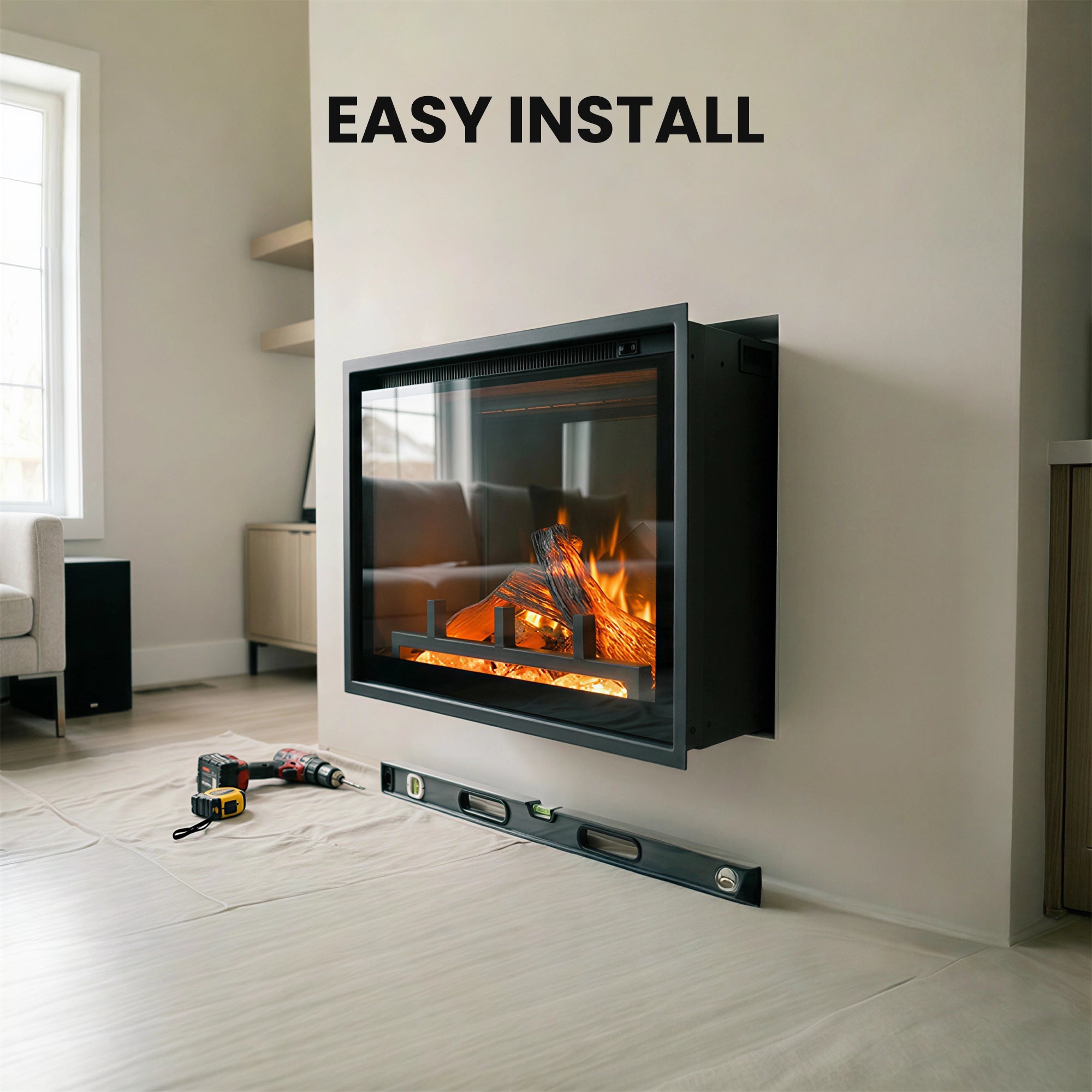 Wall-mounted fireplace with tools and level on a wooden floor, labeled 'Easy Install'.