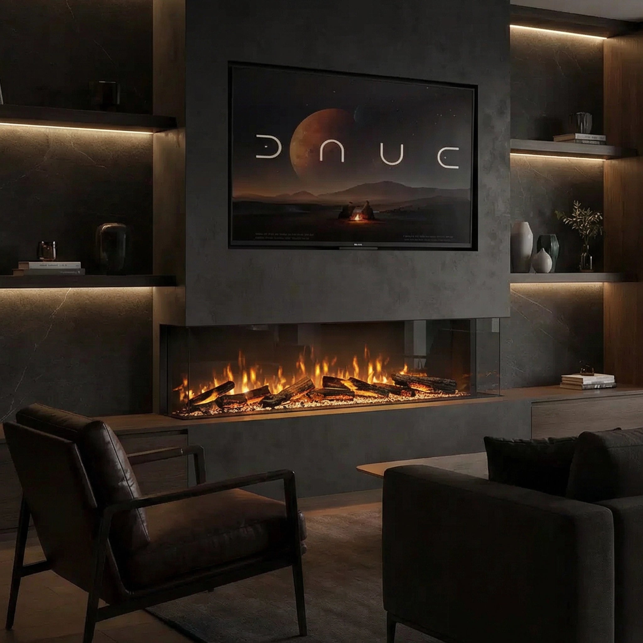 Modern living room with a fireplace and television displaying the brand 'Duc'.