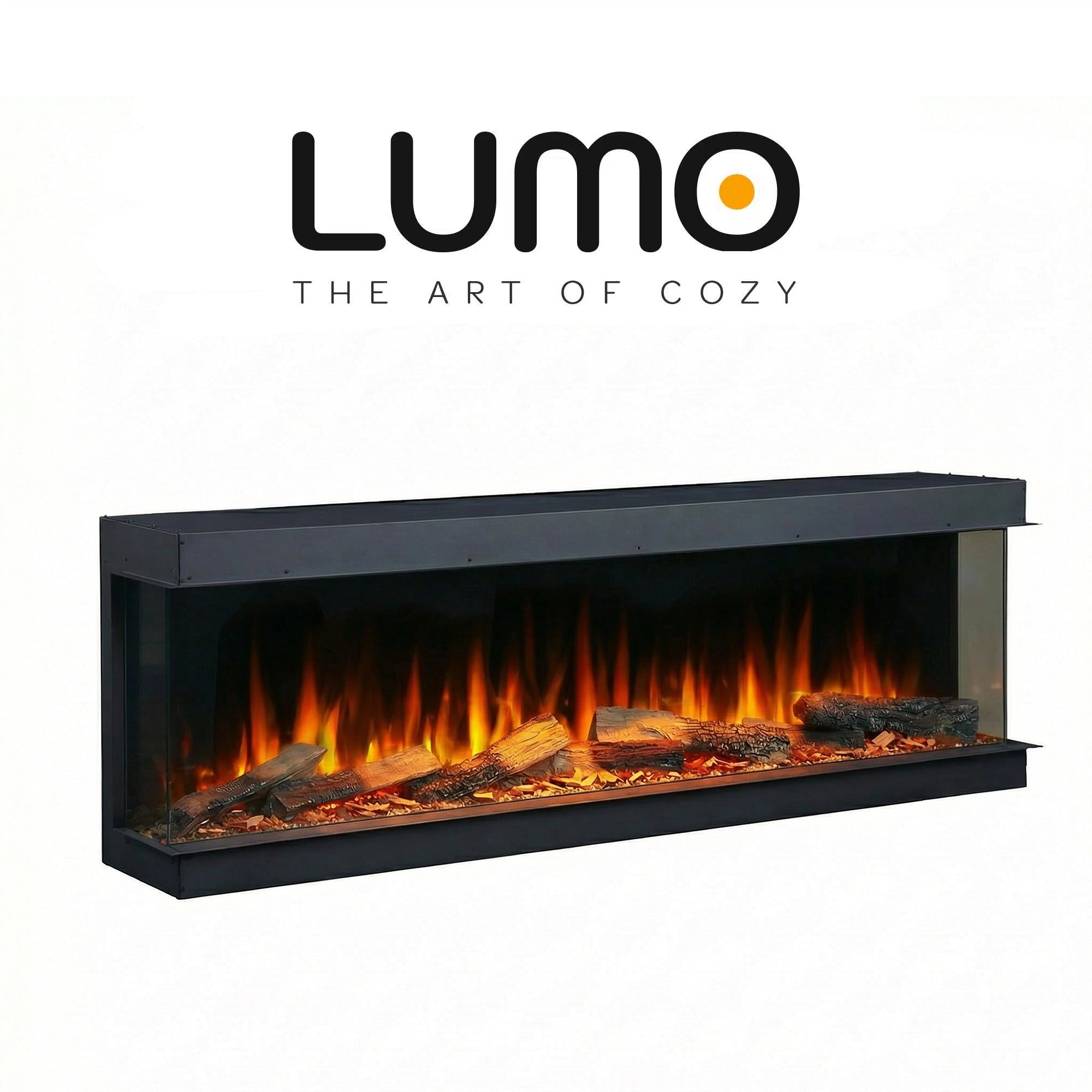 Electric fireplace with glowing logs and flames, branded 'LUMO' on a white background.
