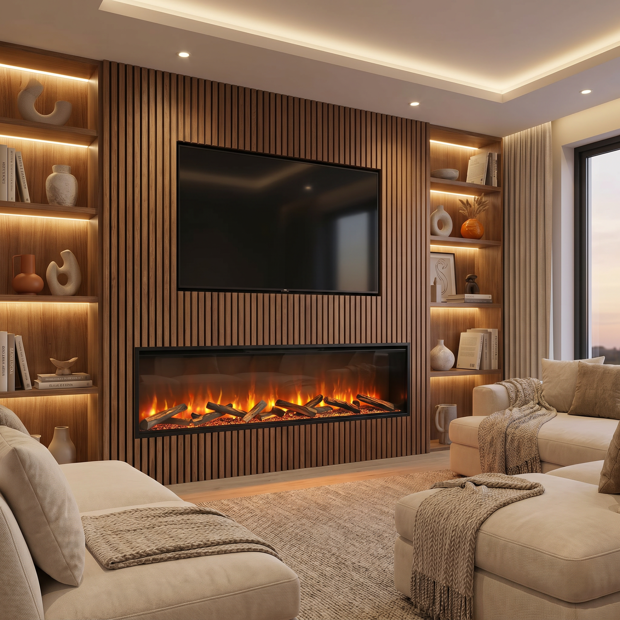 Modern living room with a fireplace, TV, and shelves.