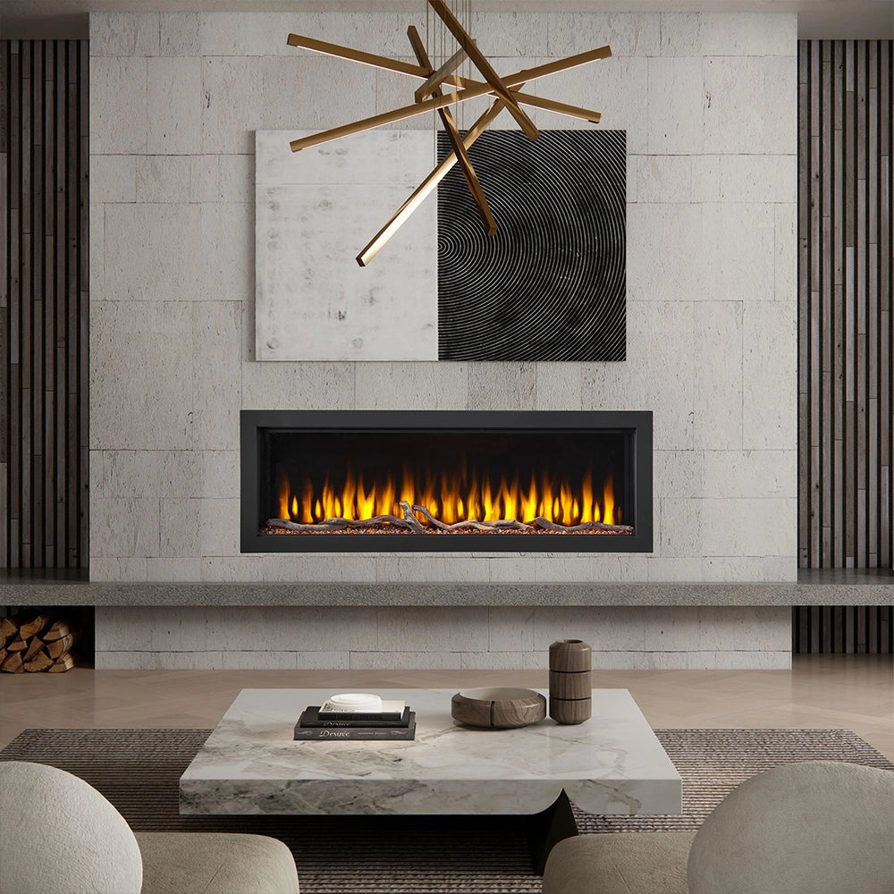 Modern living room with a lumo electric fireplace, coffee table, and decorative items.