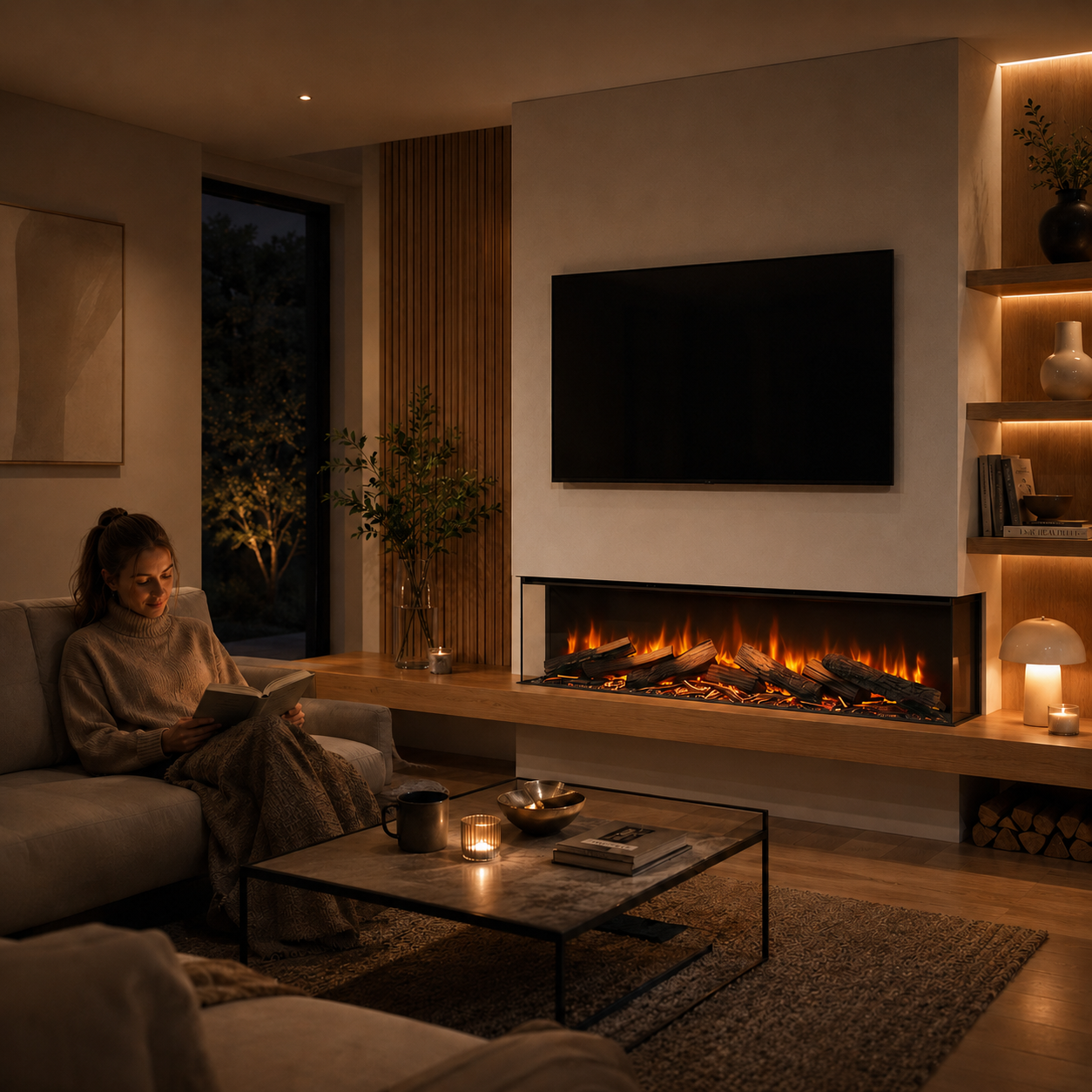 Woman reading a book in a cozy living room with a lumo electric fireplace and television.
