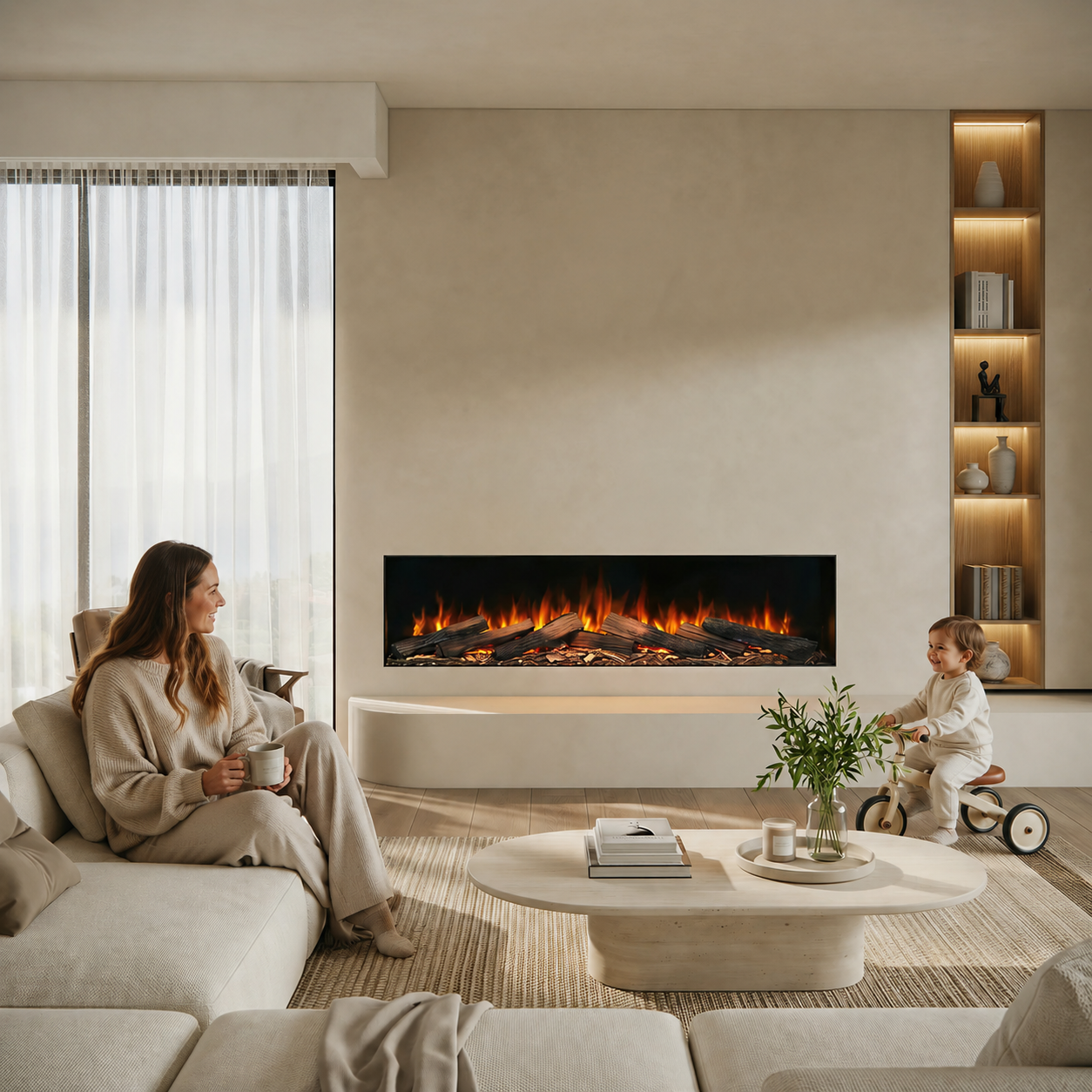 Woman sitting on a couch with a child on a tricycle in a modern living room with a lumo electric fireplace.