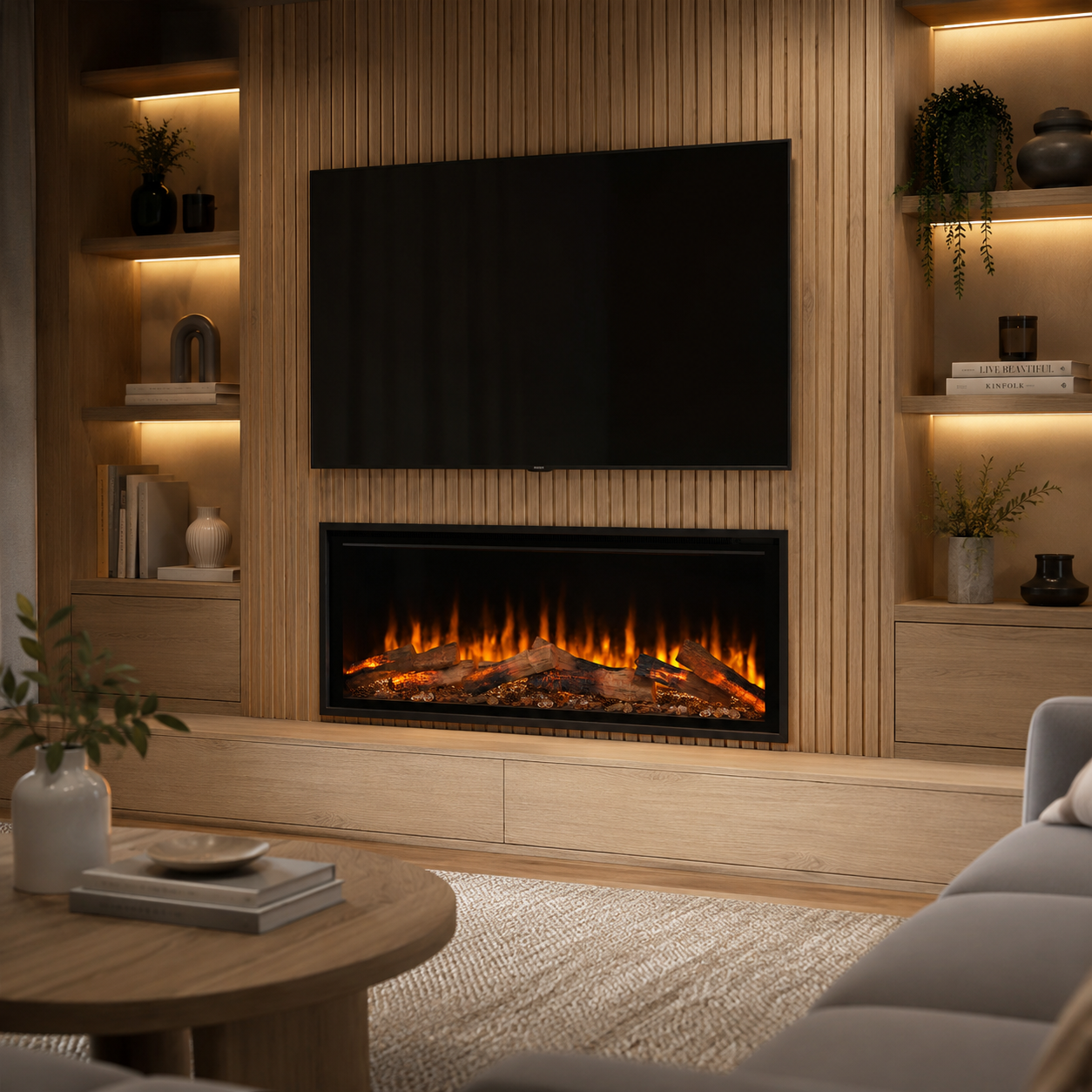 modern media wall in living room with wooden slat finish and oak shelves