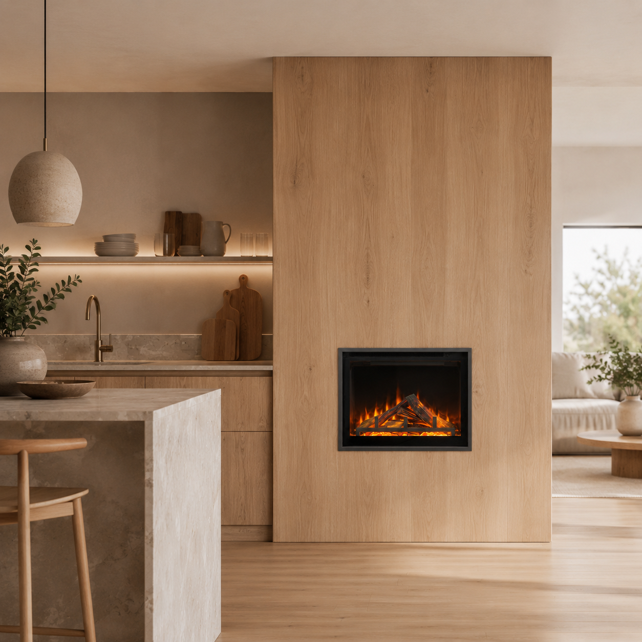 Modern kitchen with a wooden wall featuring a built-in electric fireplace.