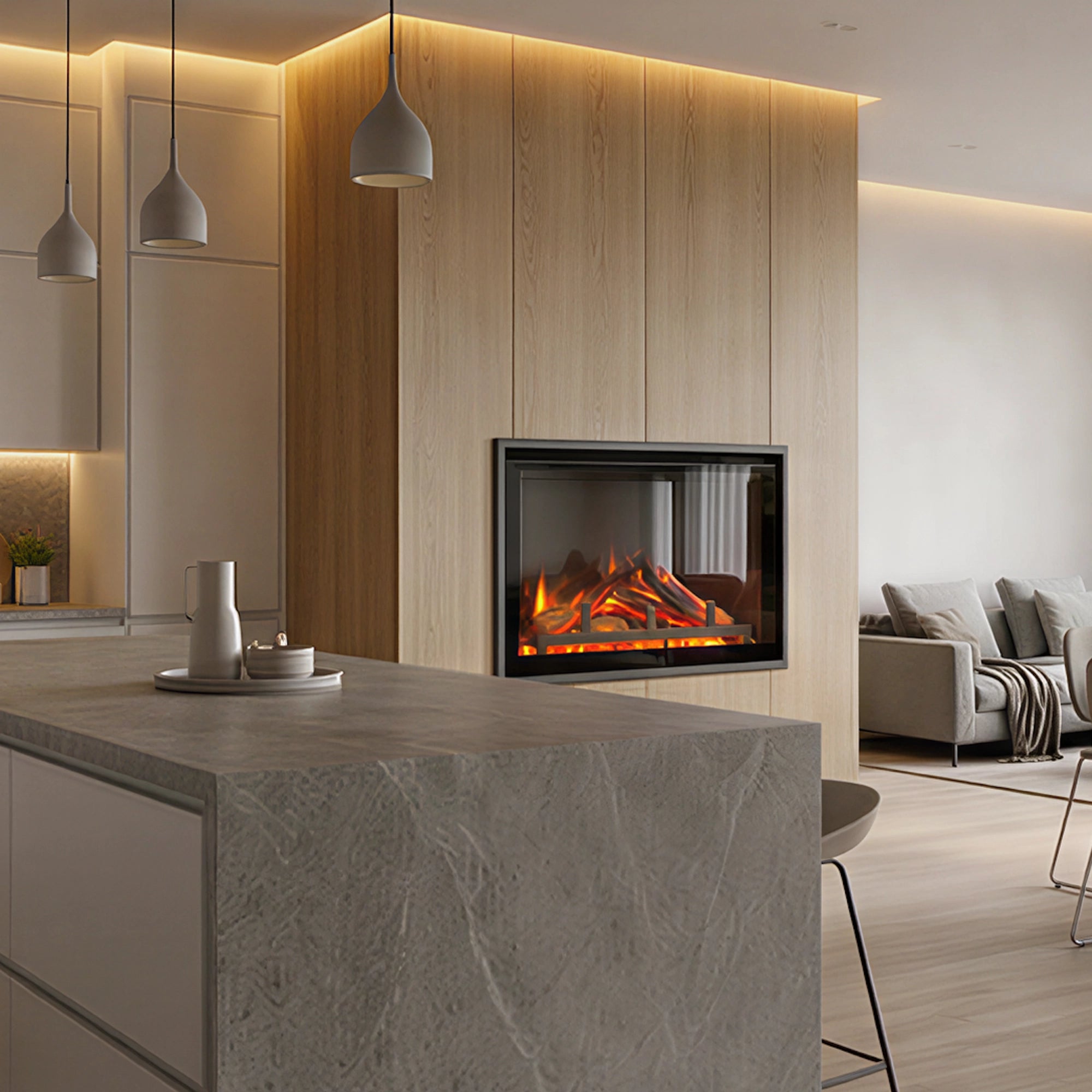 Modern kitchen with a built-in electric fireplace, pendant lights, and a living area in the background.