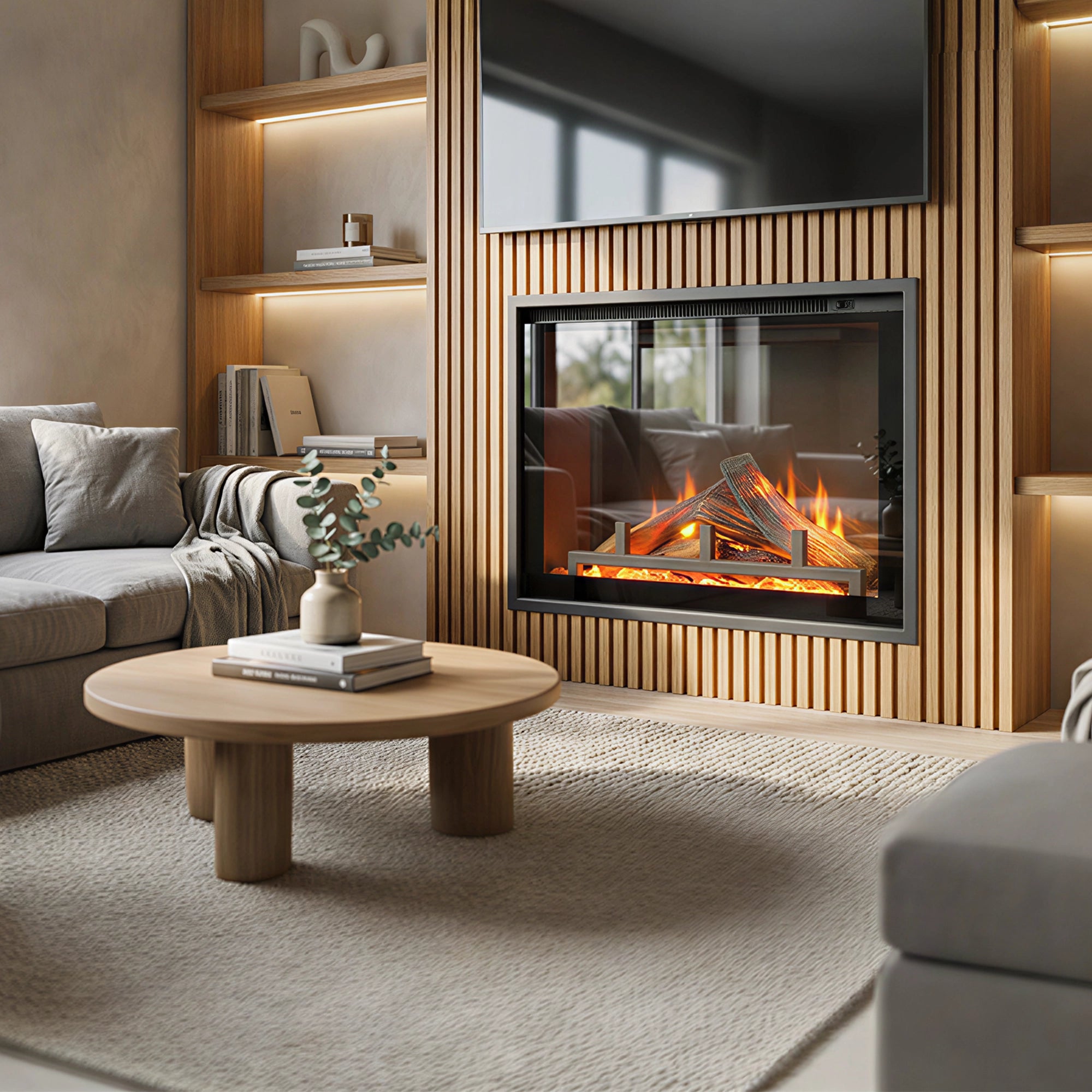 Modern living room with a lumo loft electric fireplace, sofa, and coffee table.