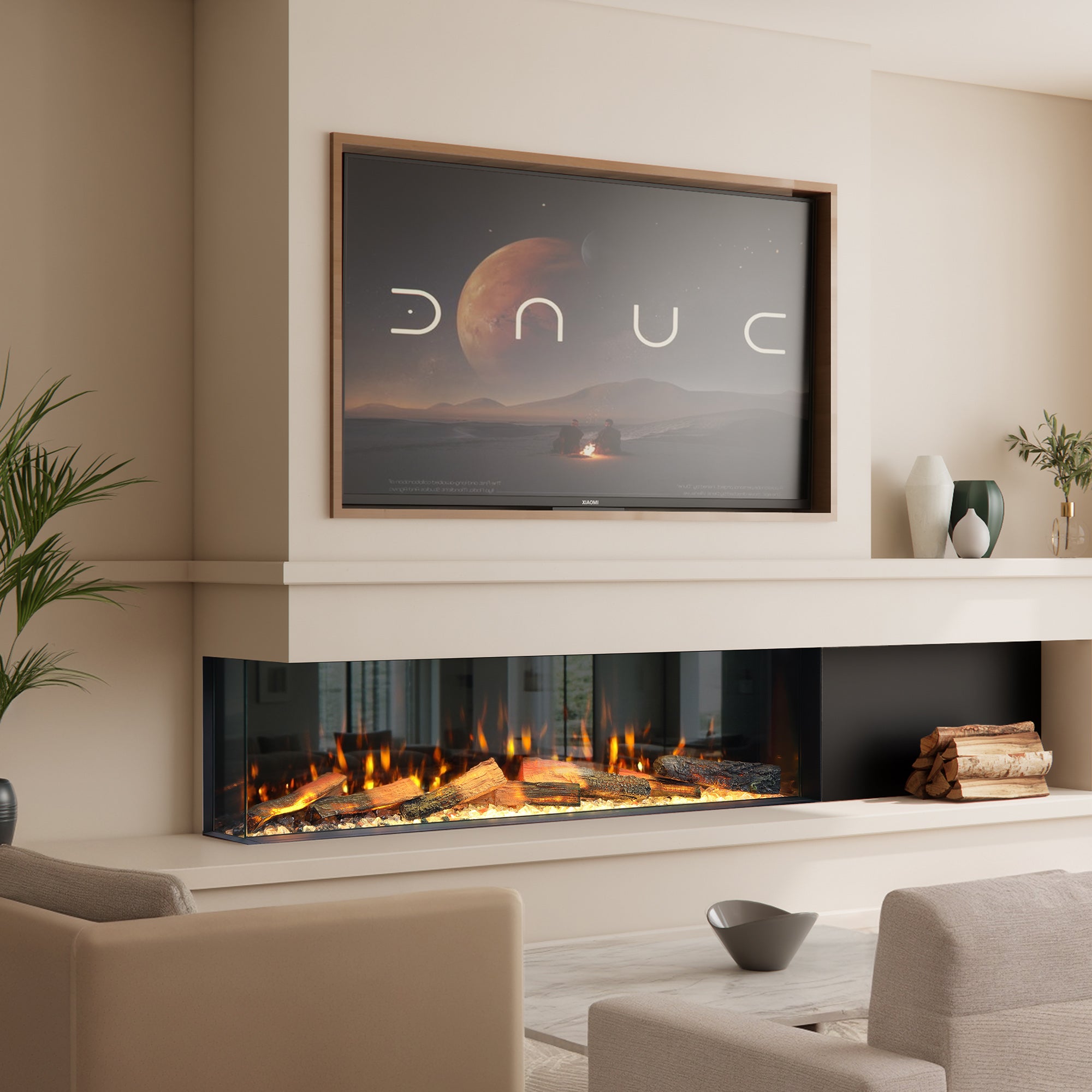 Modern living room with electric fireplace and TV displaying the brand 'Dnuc'.