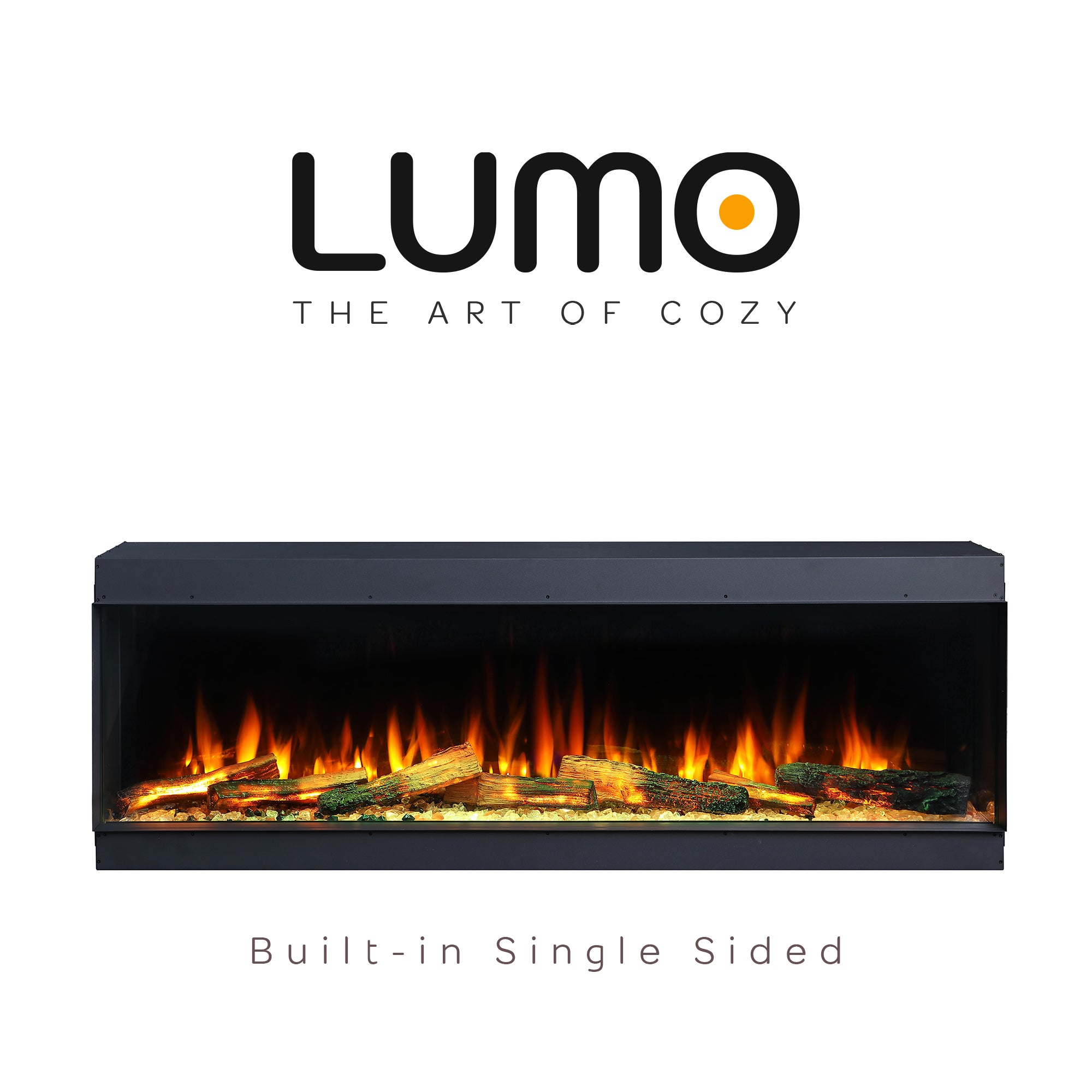 Electric fireplace with glowing logs and 'LUMO' branding on a white background