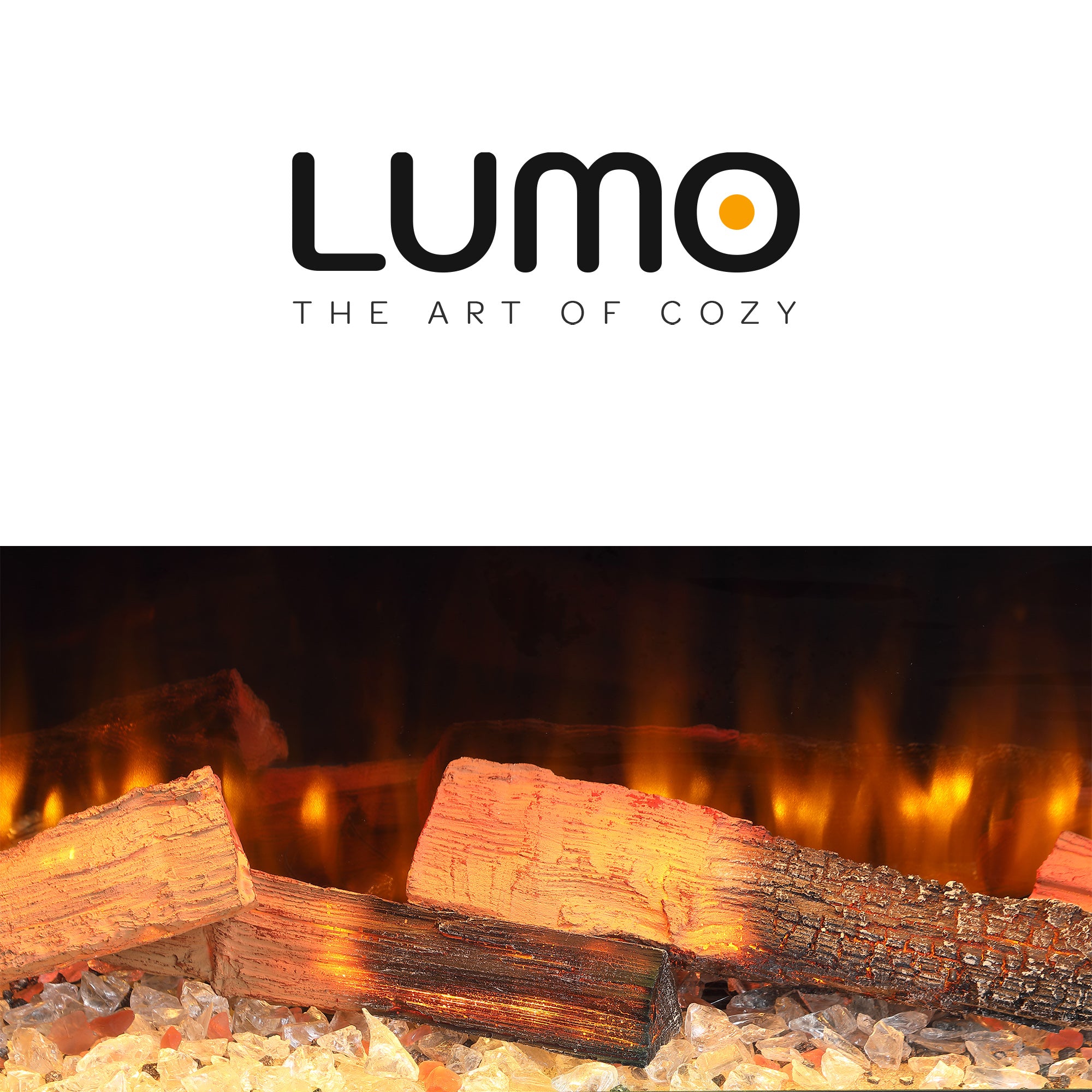 Electric fireplace with glowing logs and LUMO logo on a white background