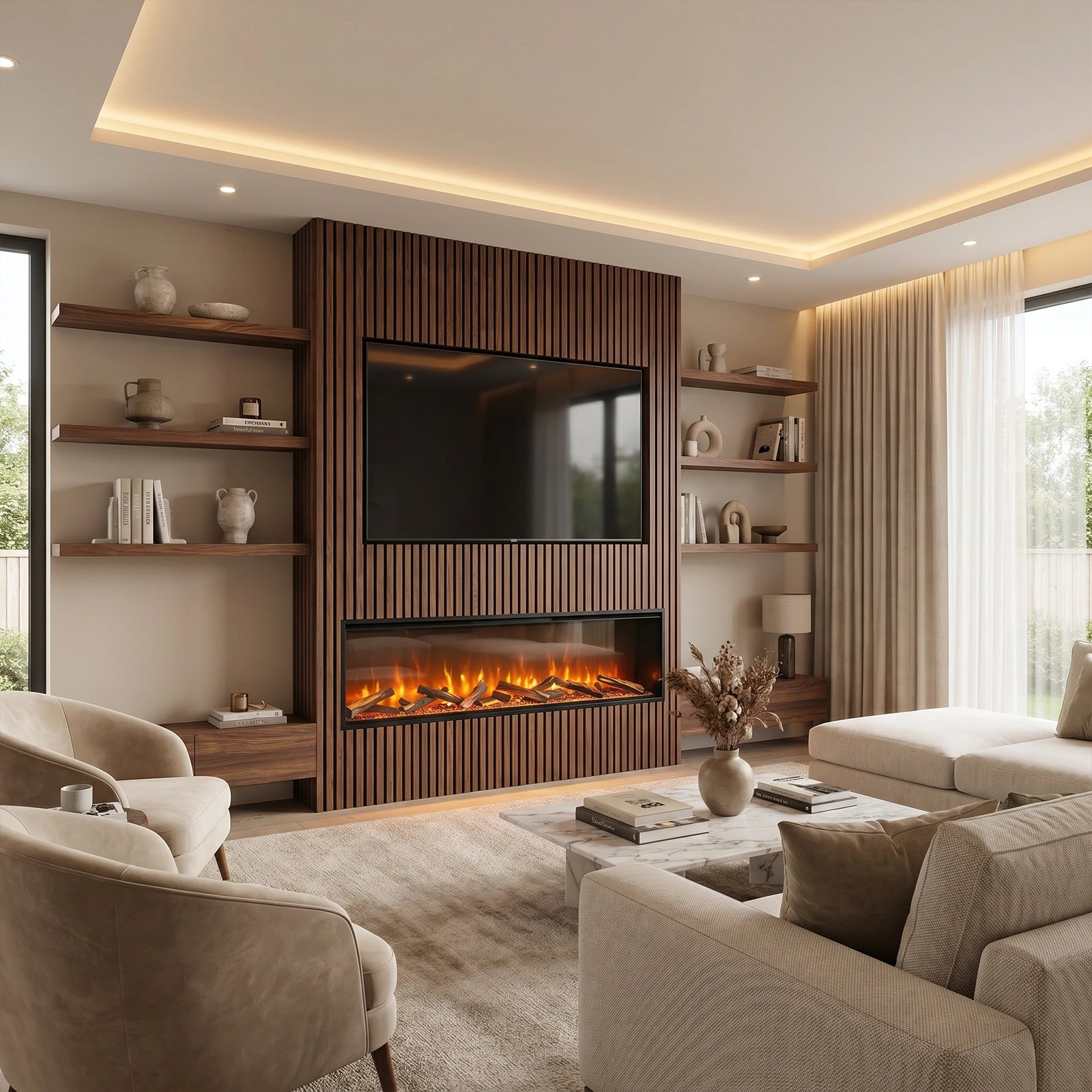 Modern living room with a fireplace, television, and decorative shelves.
