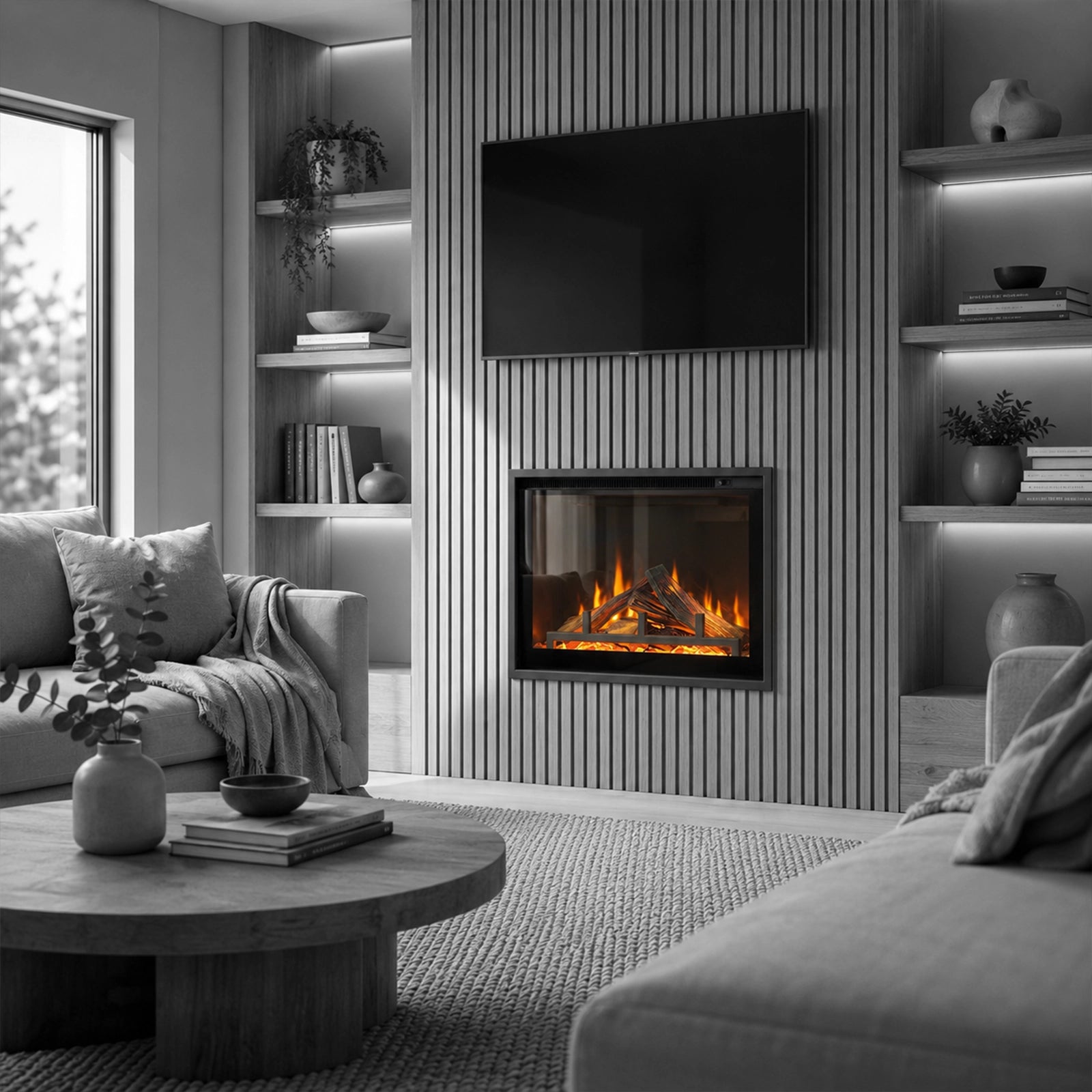 Modern living room with an Inset electric fireplace , TV and soft furniture