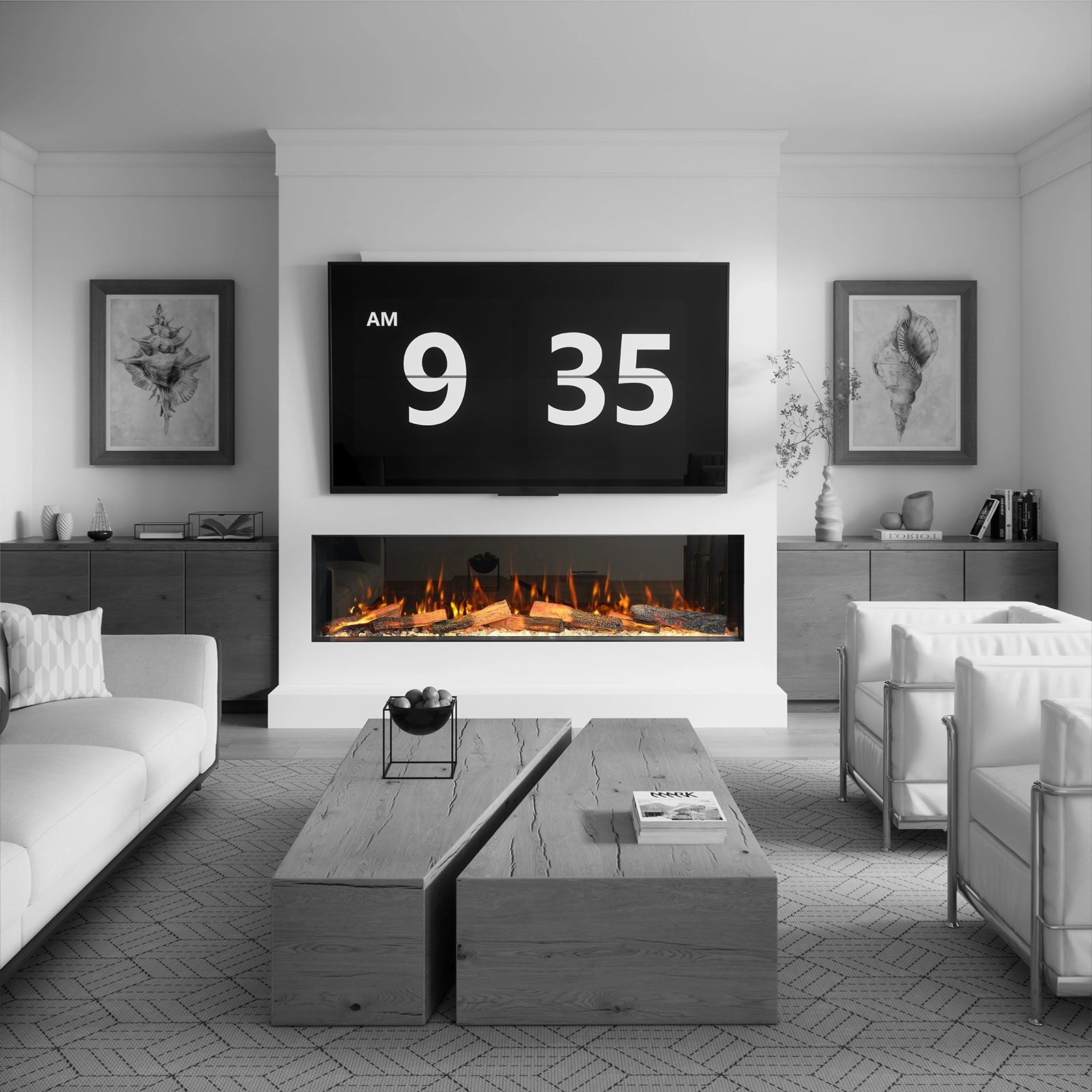 Modern living room with digital clock display above a fireplace