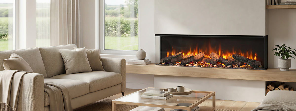 Modern living room with a beige sofa, coffee table, and electric fireplace.