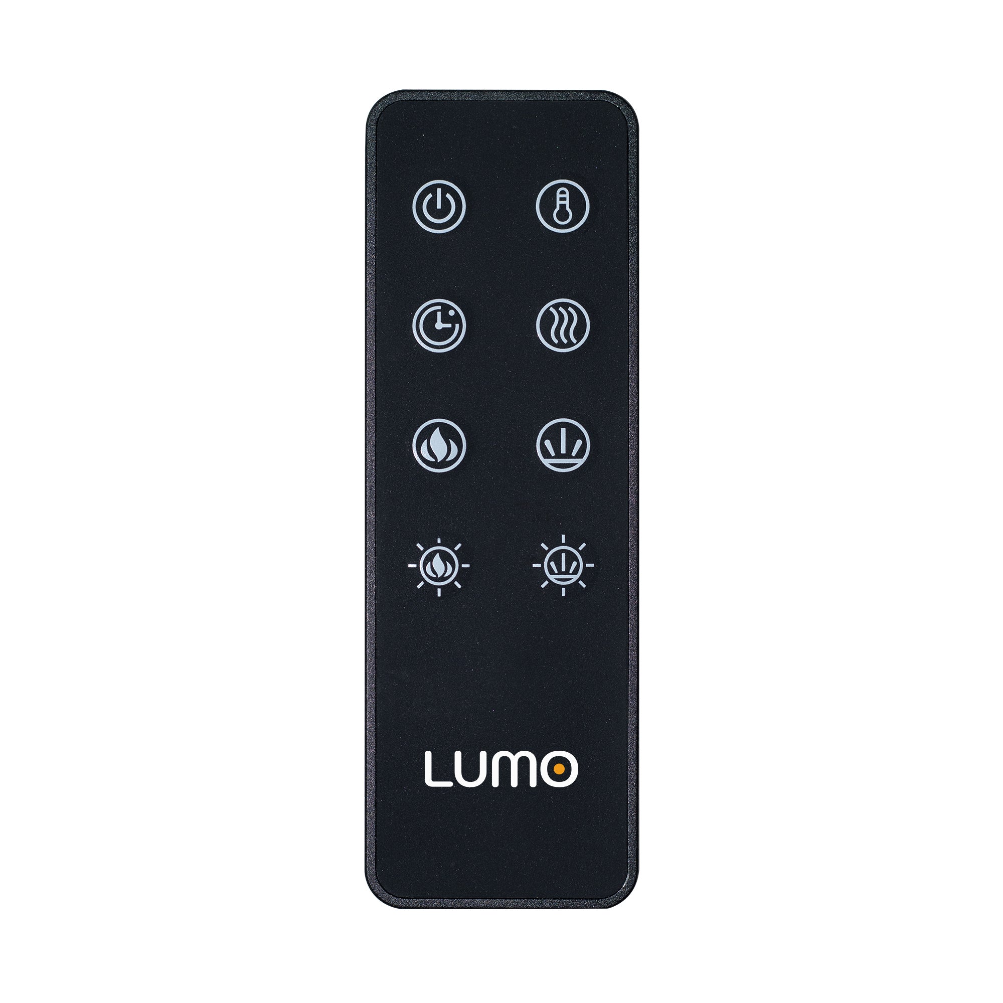 Black remote control with white icons and 'LUMO' branding on a white background