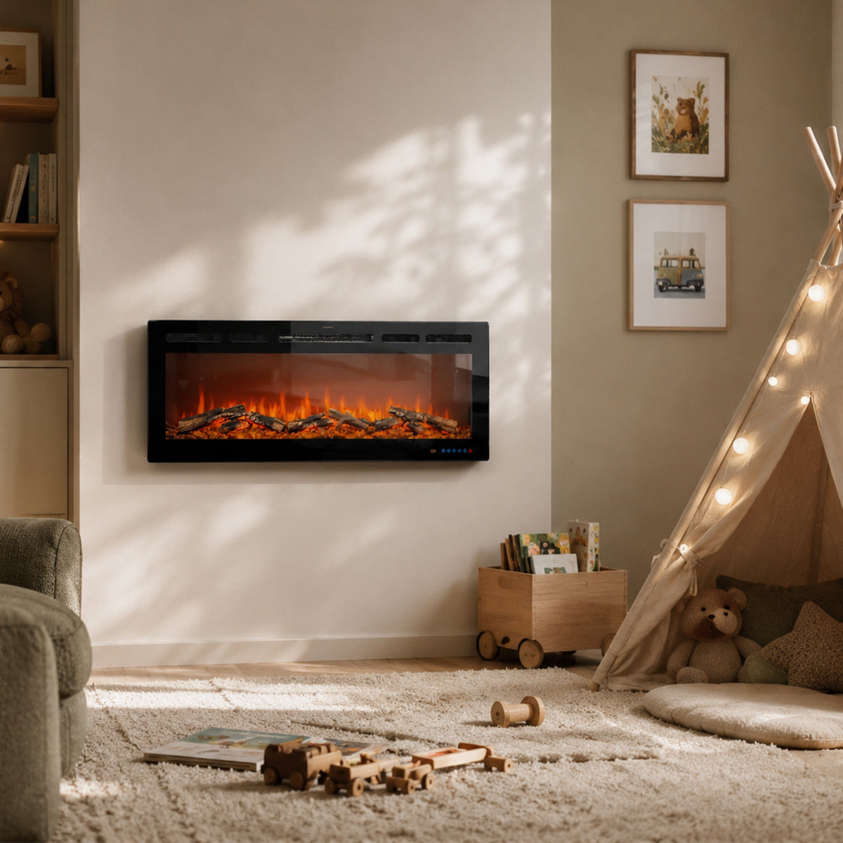 Children's room with a wall-mounted electric fireplace, toys on the floor, and a teepee.