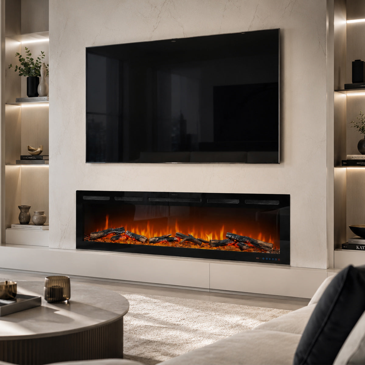Modern living room with electric fireplace and flat-screen TV.