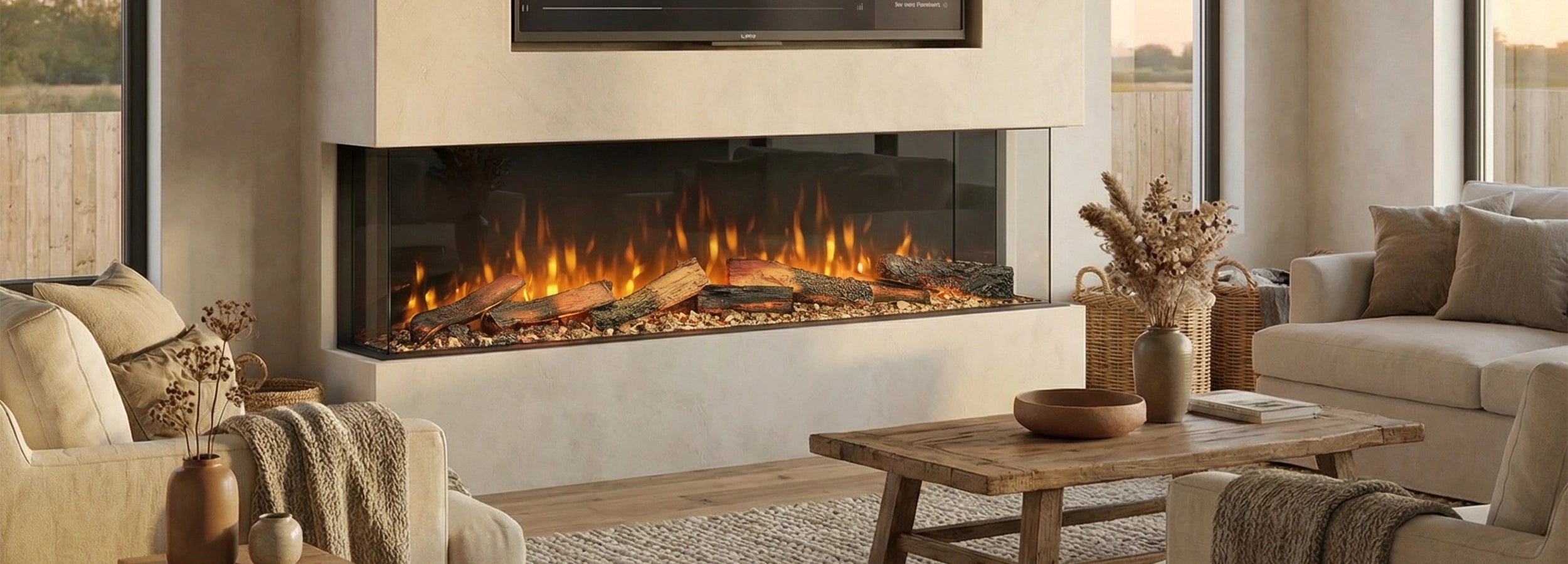 Modern living room with a gas fireplace, couches, and a coffee table.