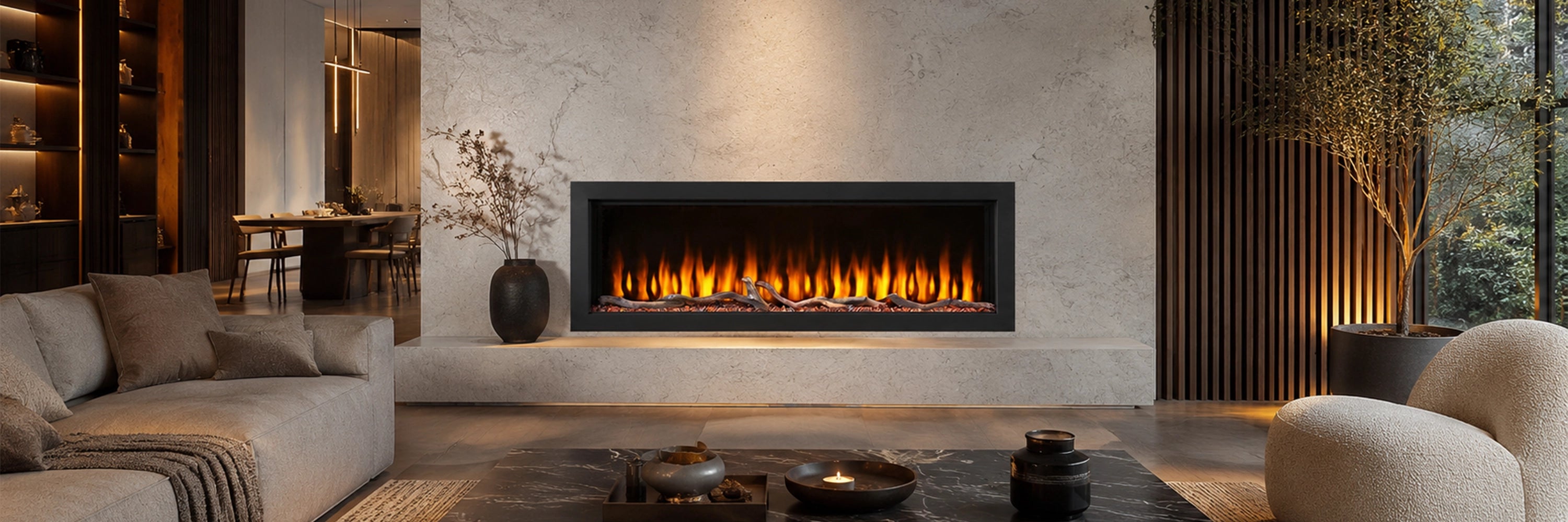 Modern living room with a electric fireplace, sofa, and decorative elements.