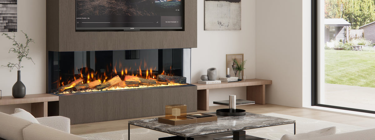 Modern living room with electric fireplace, TV, and large window.