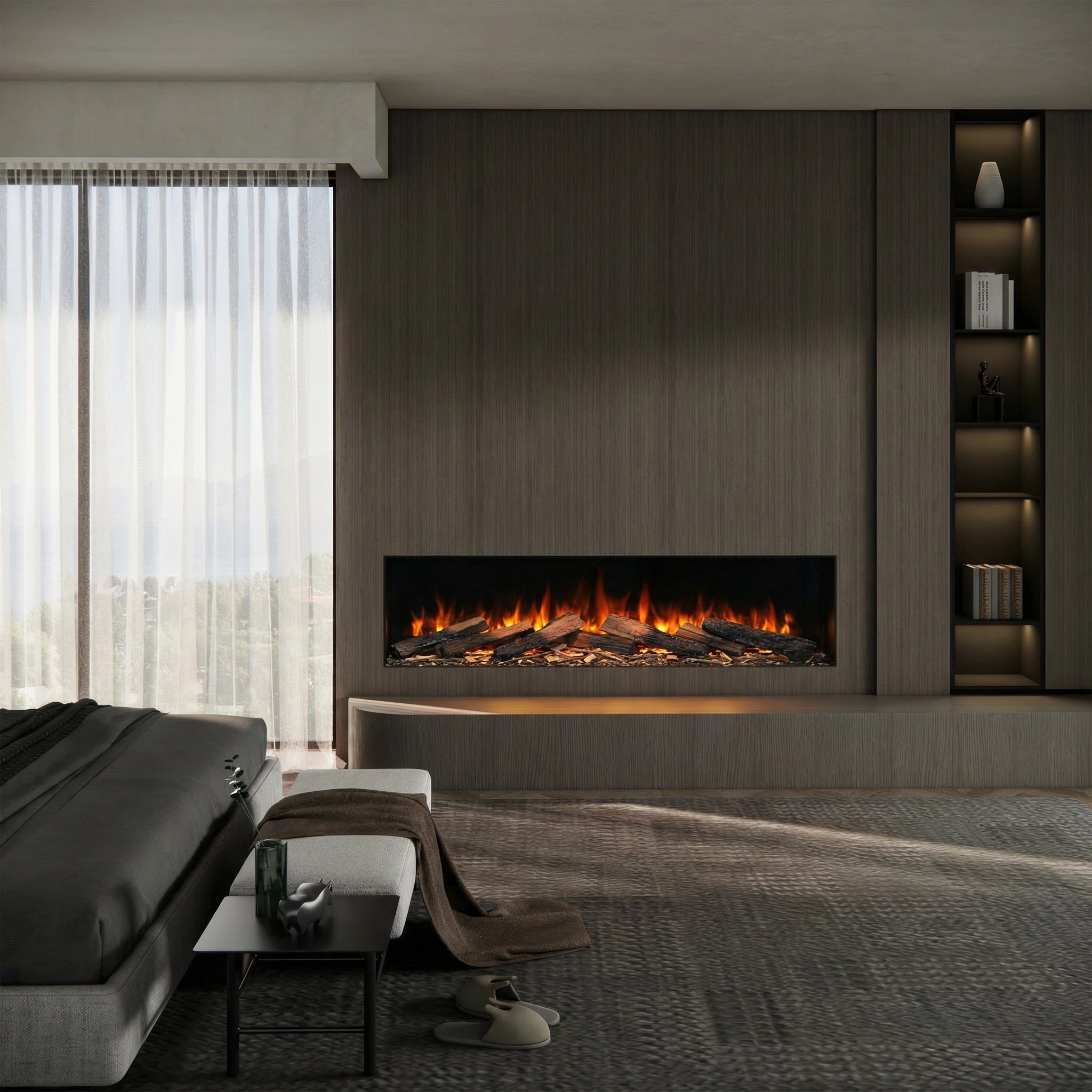 Modern living room with a fireplace and shelves.