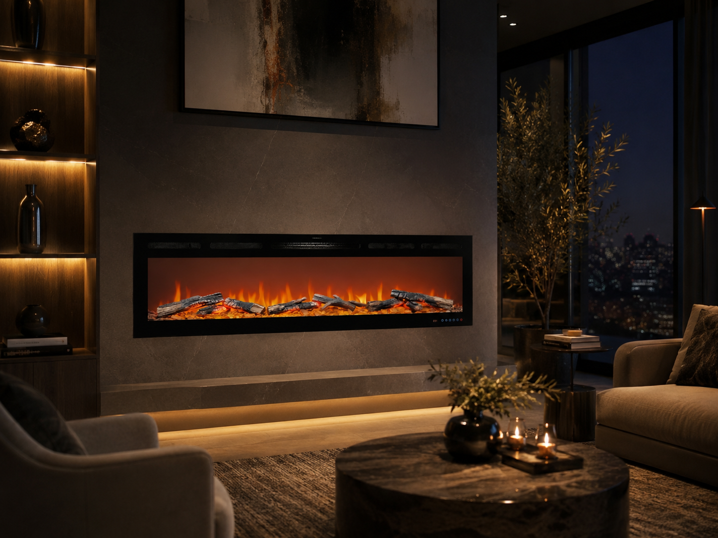 Modern living room with a electric fireplace, shelves, and a couch.