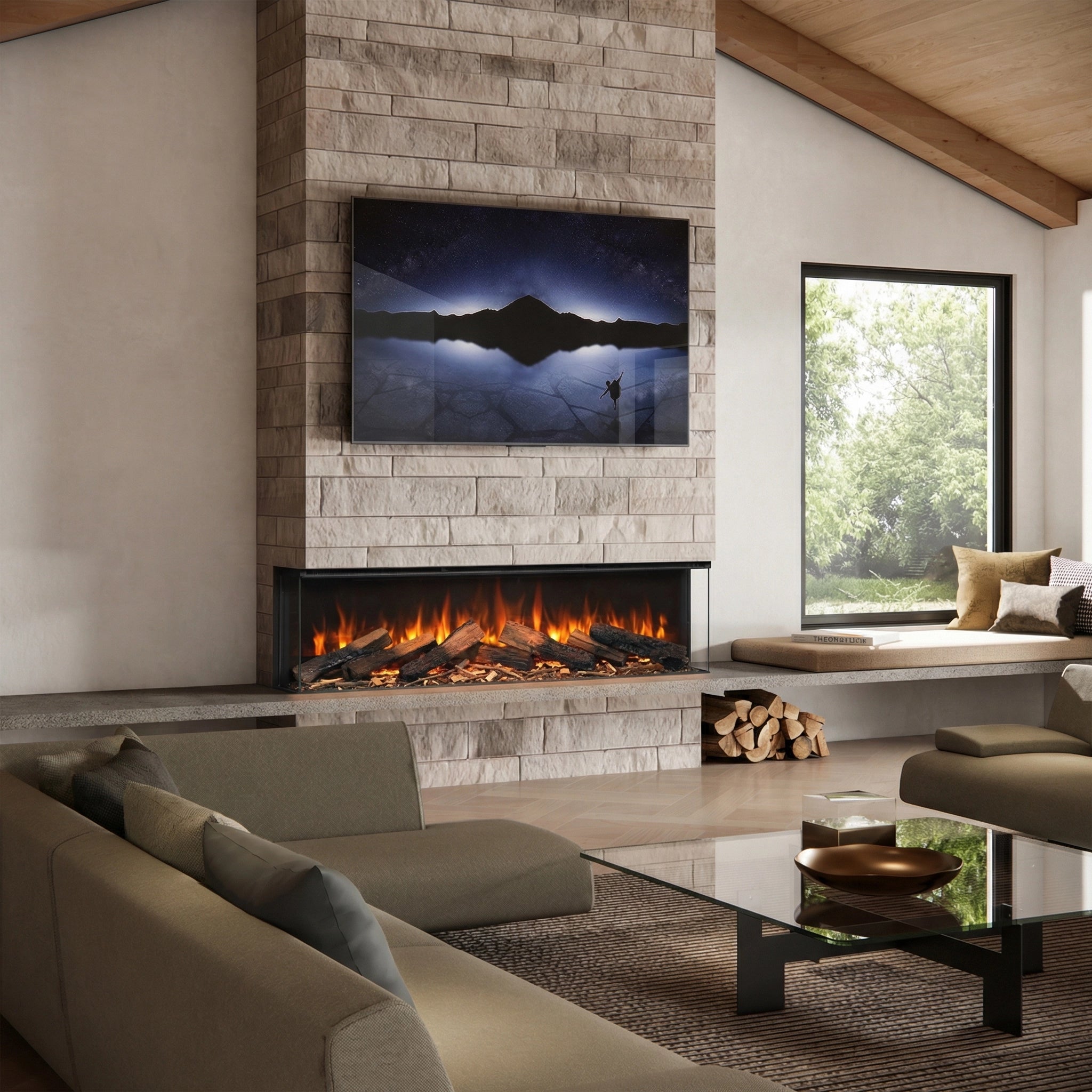 Modern living room with stone fireplace, TV, and large window.