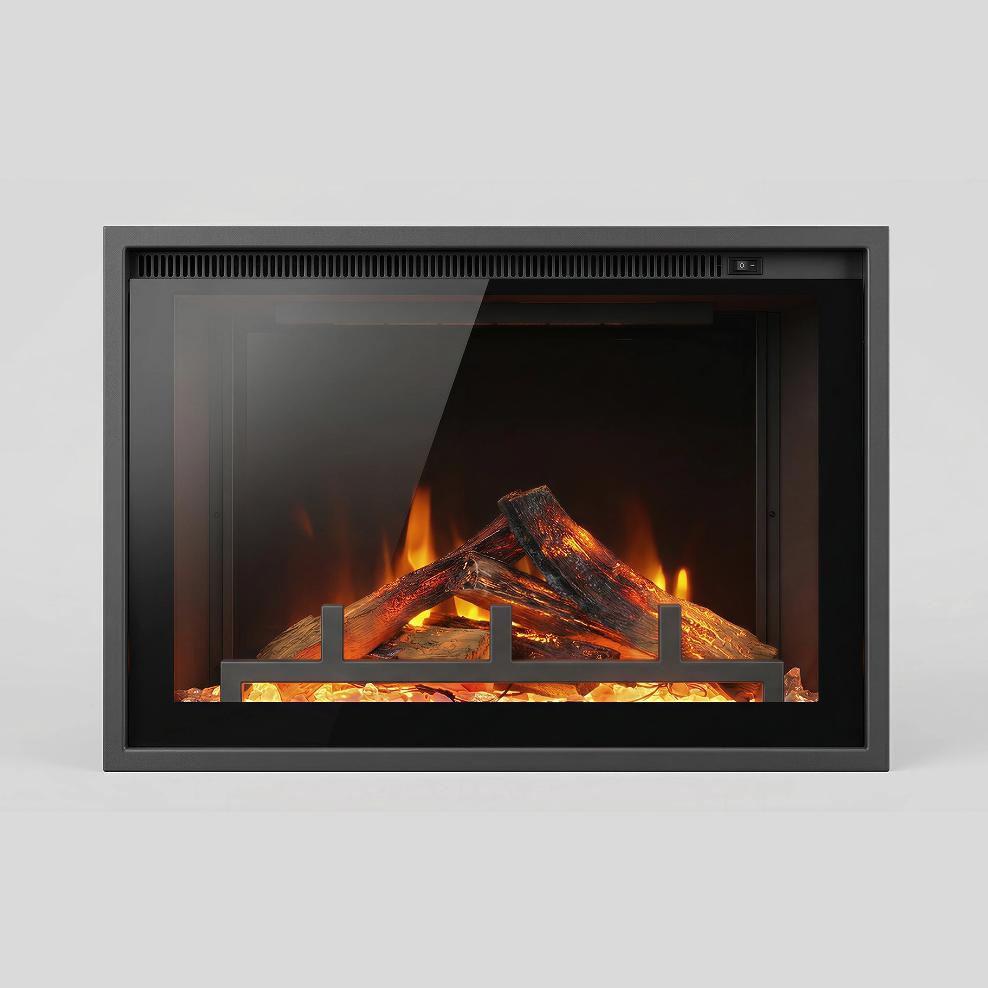 Electric fireplace insert with glowing logs on a white background