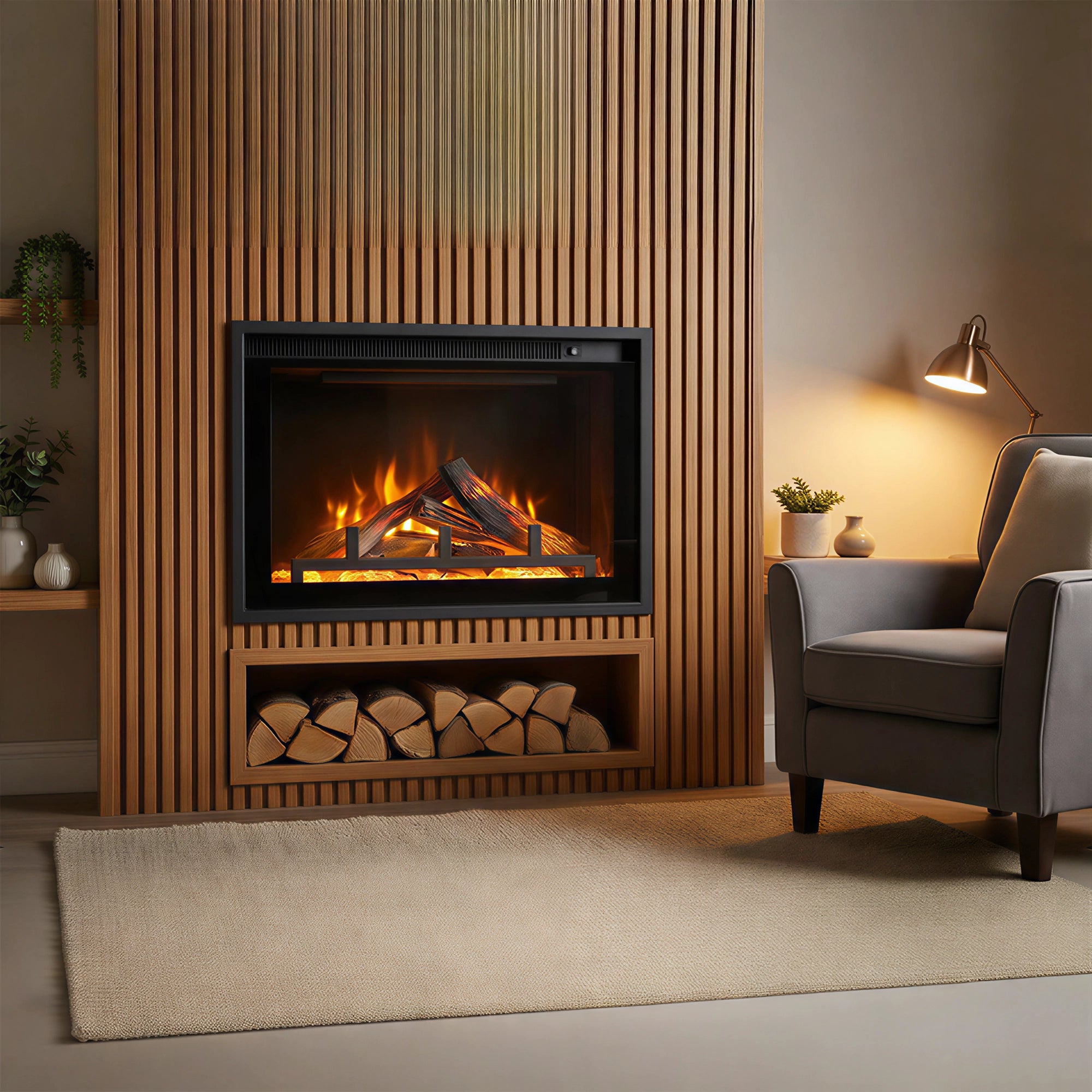 Modern living room with a fireplace, gray armchair, and decorative elements.