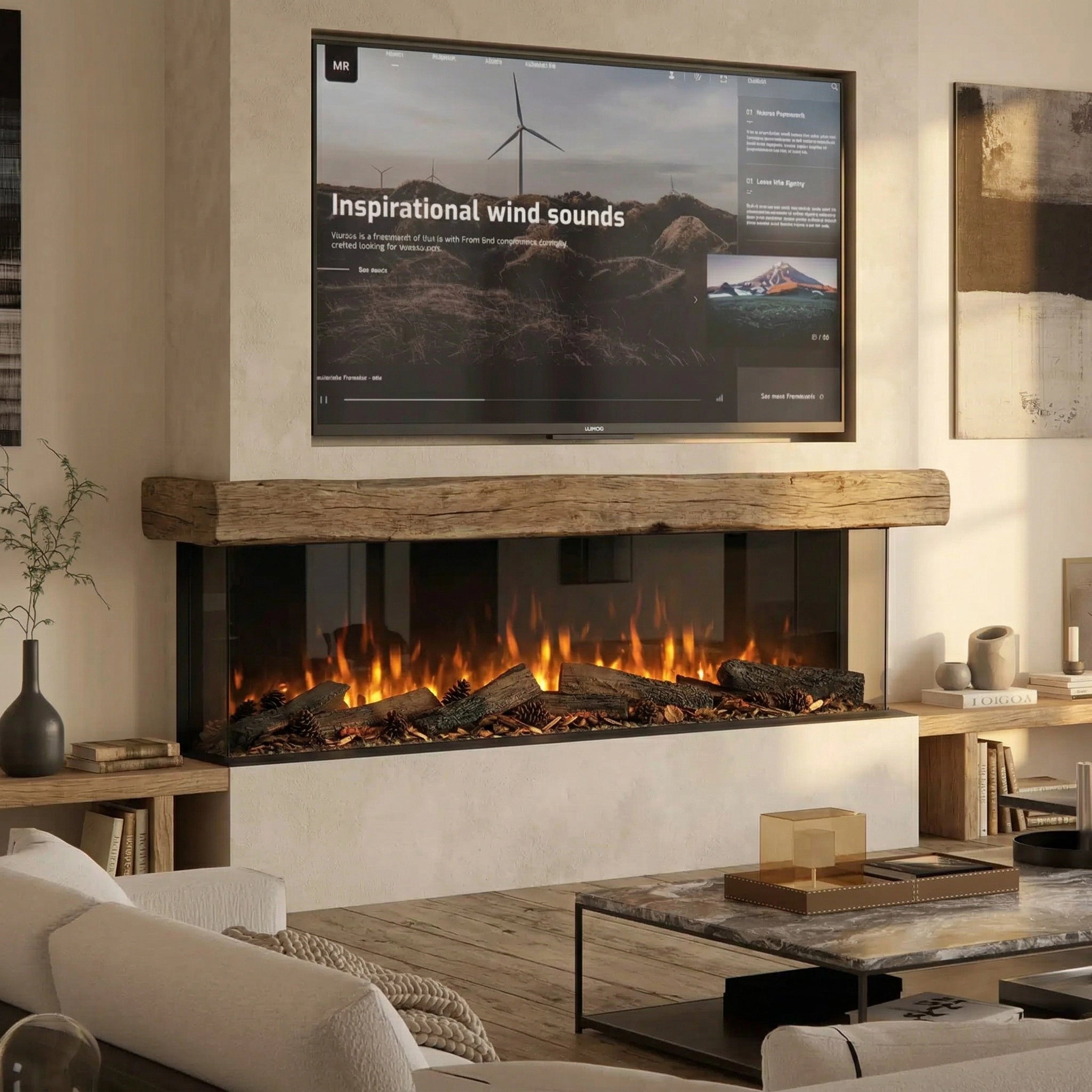 Modern living room with electric fireplace and TV displaying wind soundscapes.
