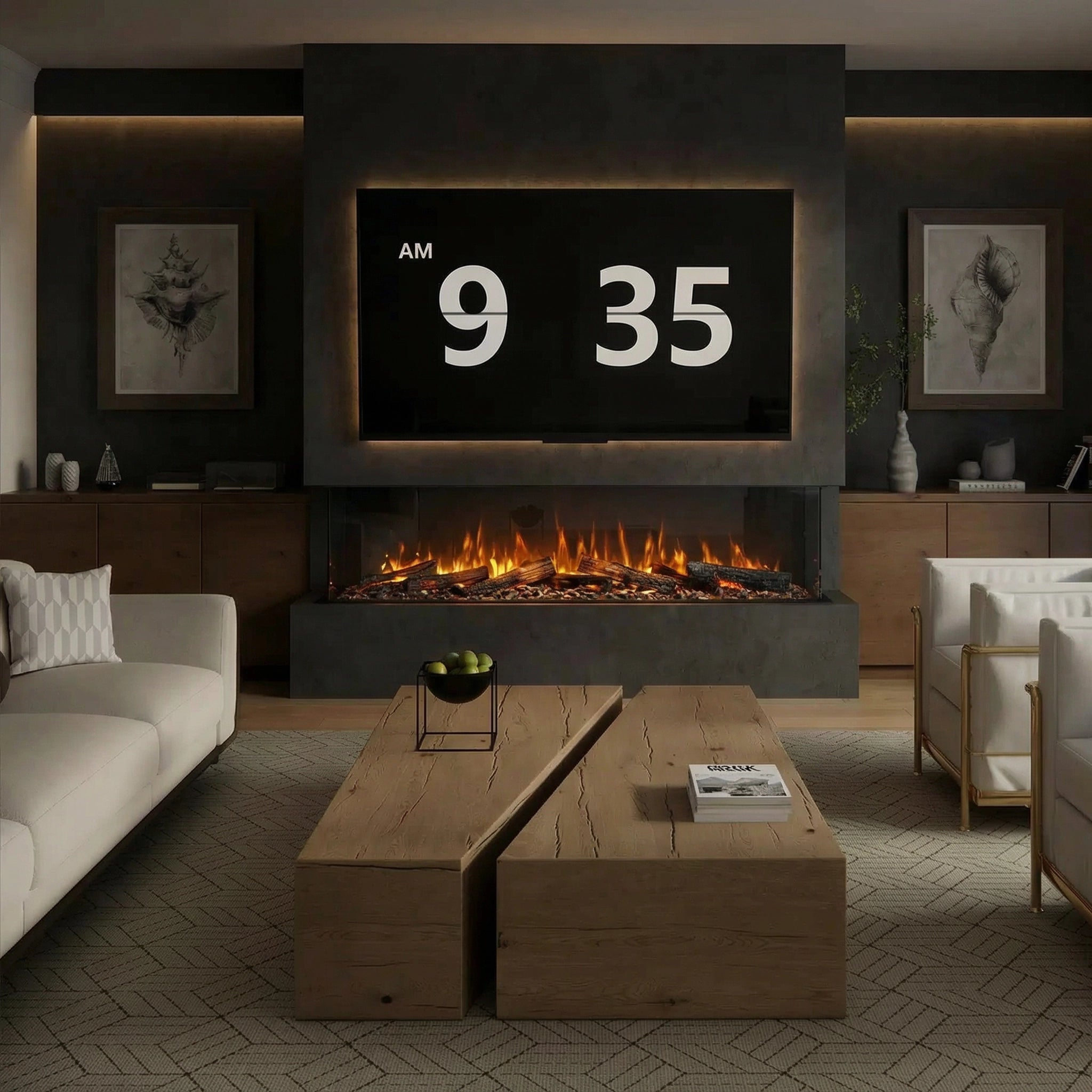 Modern living room with a digital clock displaying the time above a fireplace.