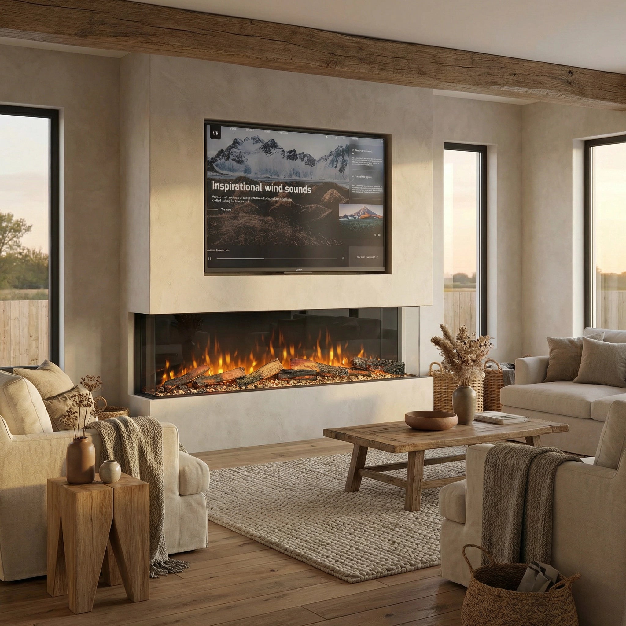Modern living room with electric fireplace, TV, and decor