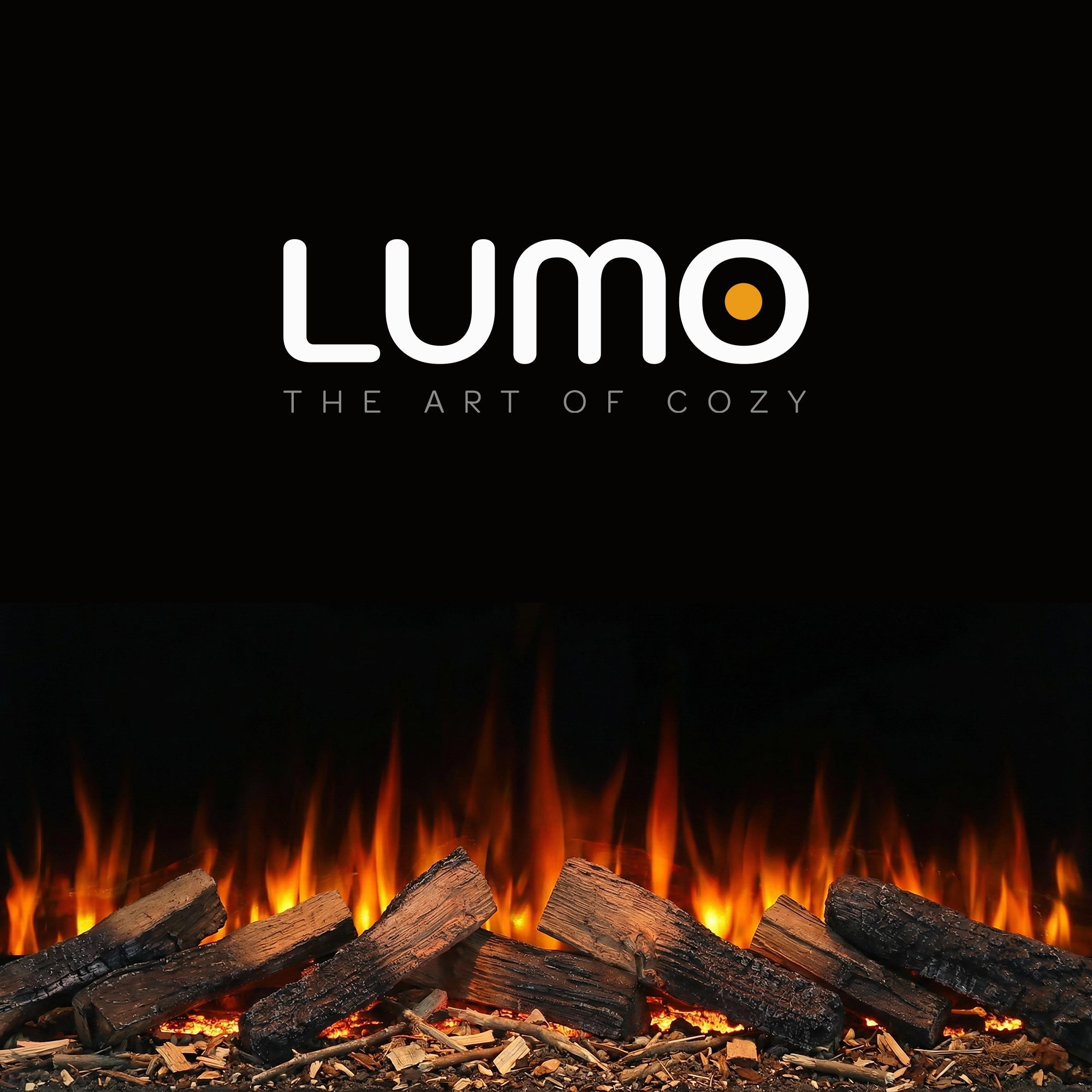 Fireplace with glowing logs and 'LUMO' brand logo on a black background