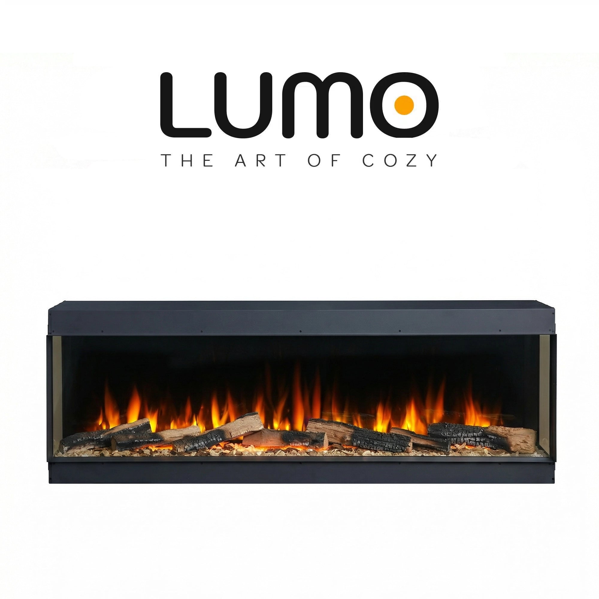 Electric fireplace with glowing logs and flames, branded 'LUMO' on a white background.
