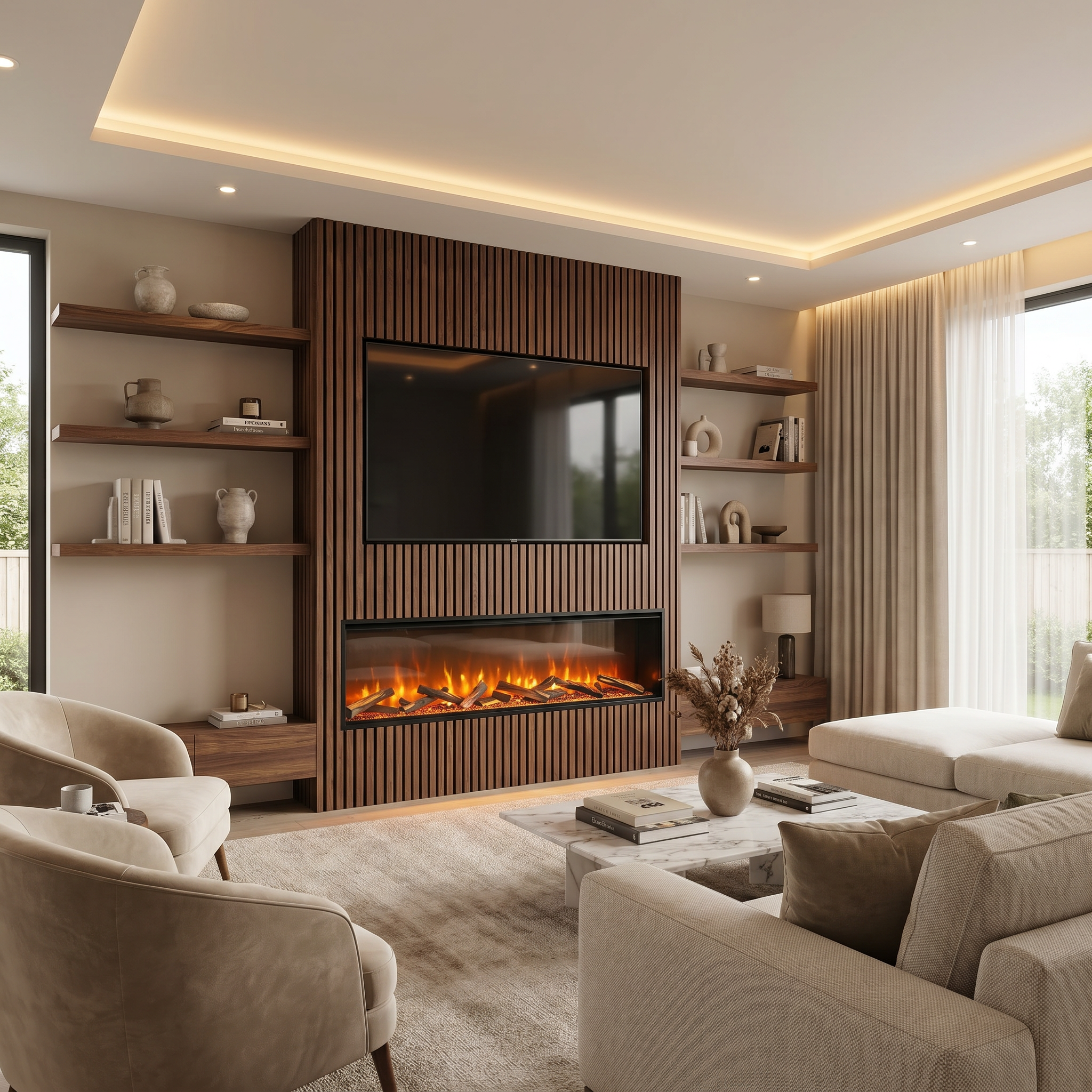 Modern living room with a fireplace, television, and decorative shelves.