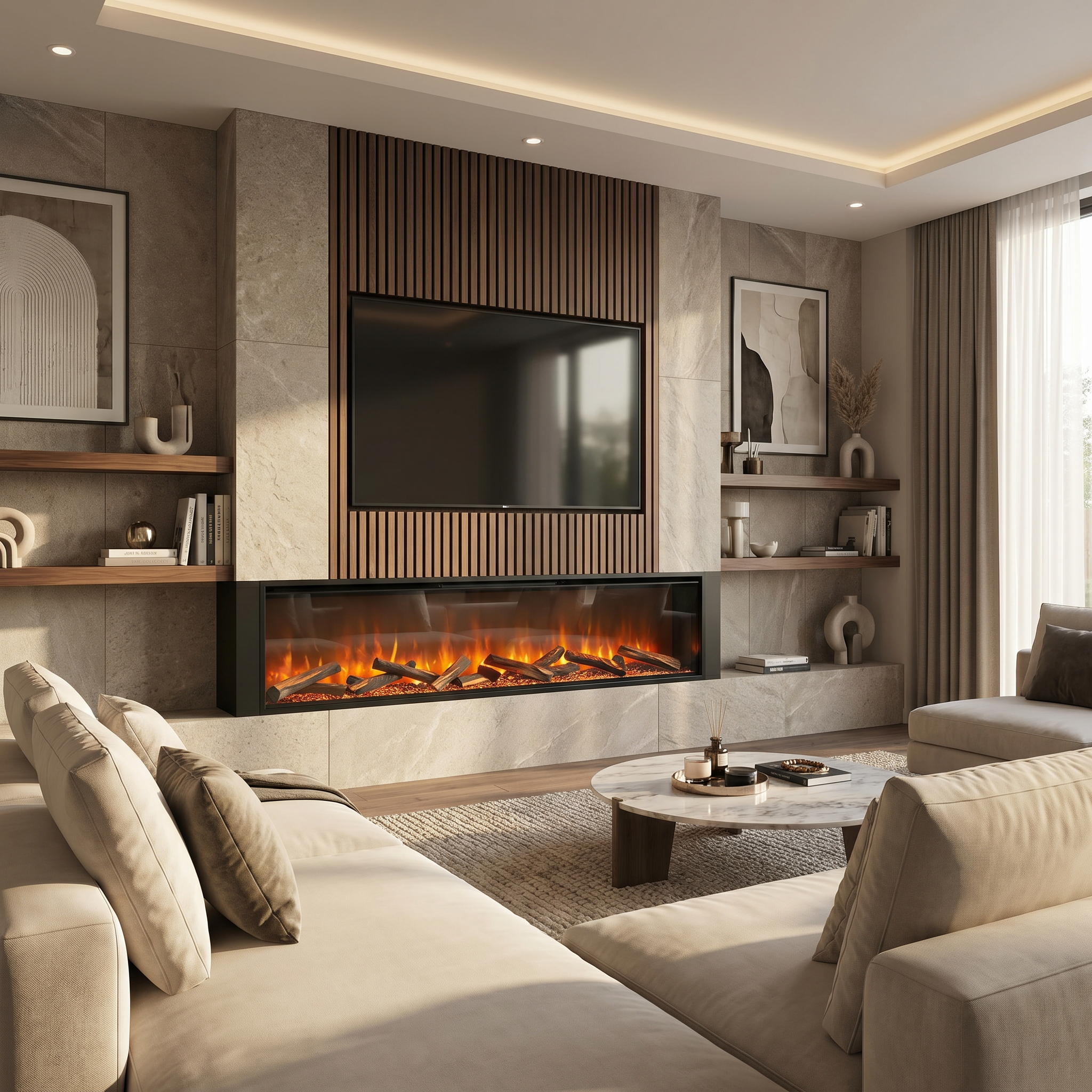 Modern living room with a fireplace, TV, and comfortable seating.