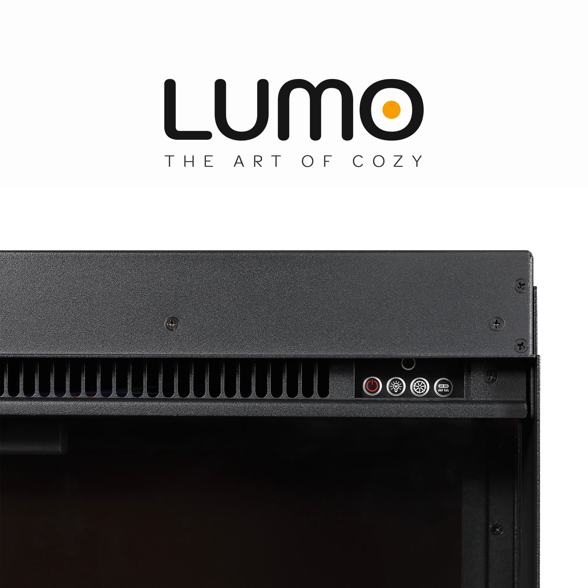 Back view of a black fireplace with LUMO branding on a white background
