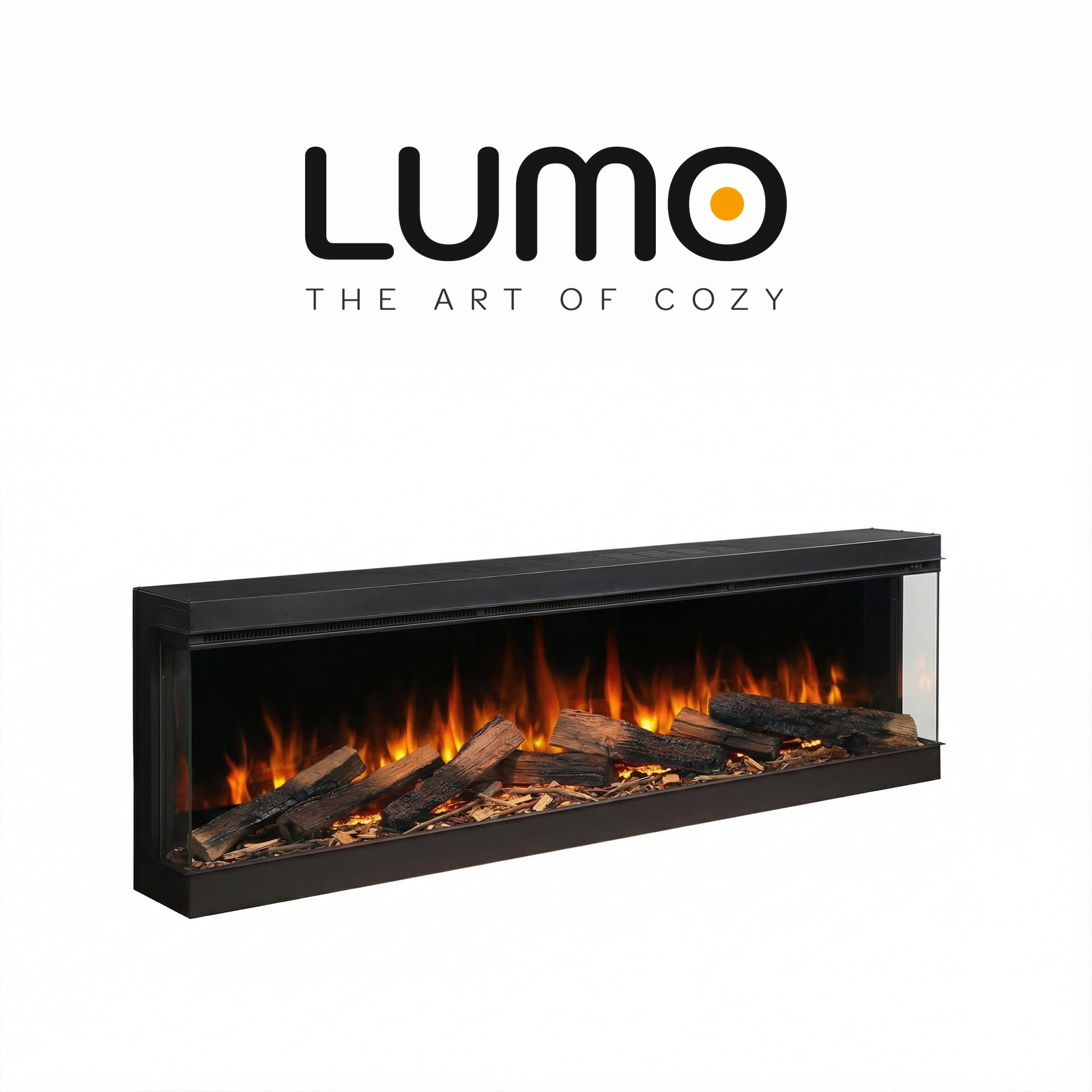 Electric fireplace with glowing logs and flames, branded 'LUMO' on a white background.