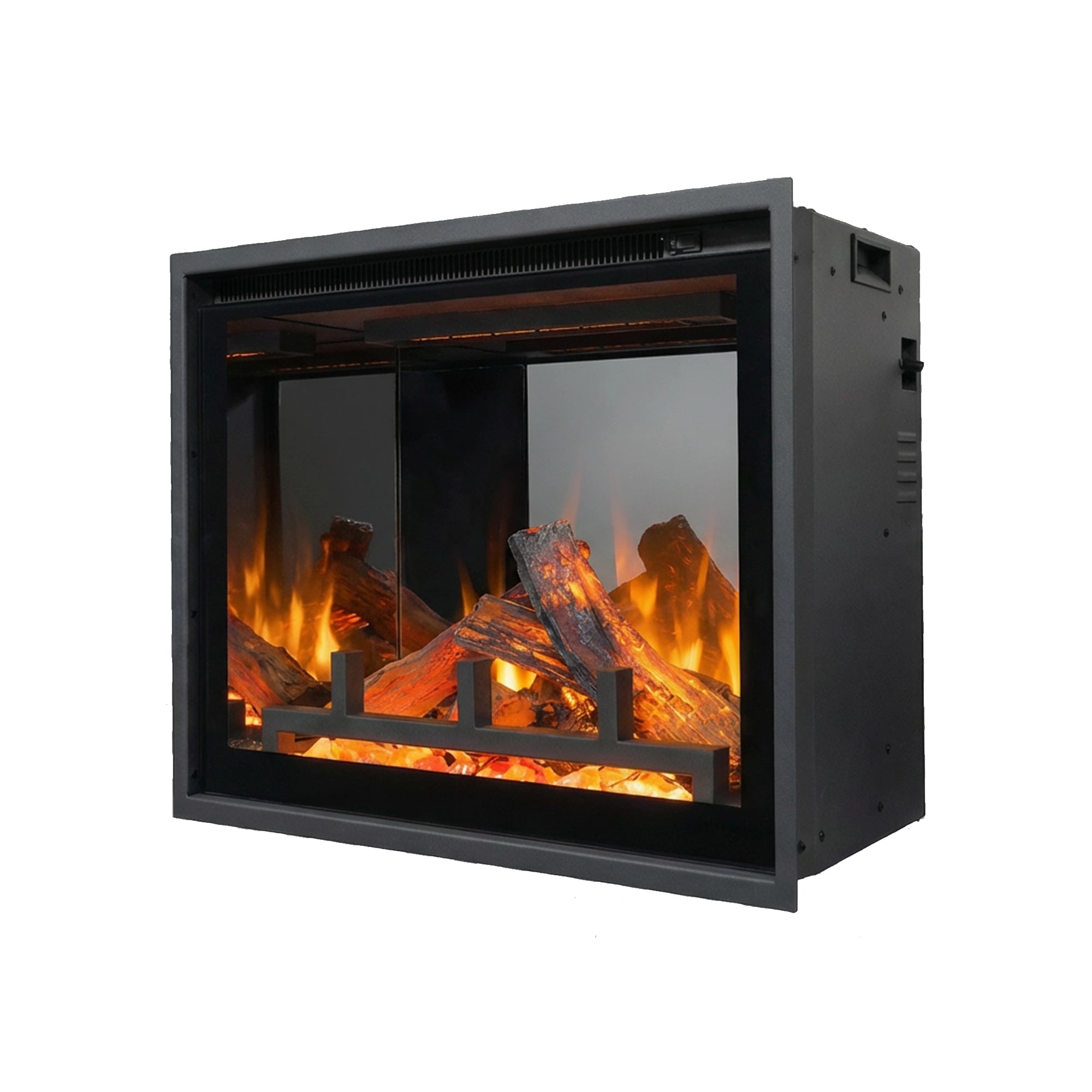 Modern electric fireplace insert with glowing logs on a white background