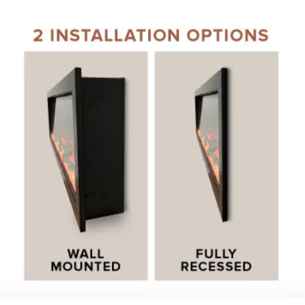 Two installation options for a wall-mounted and fully recessed light fixture on a beige background.