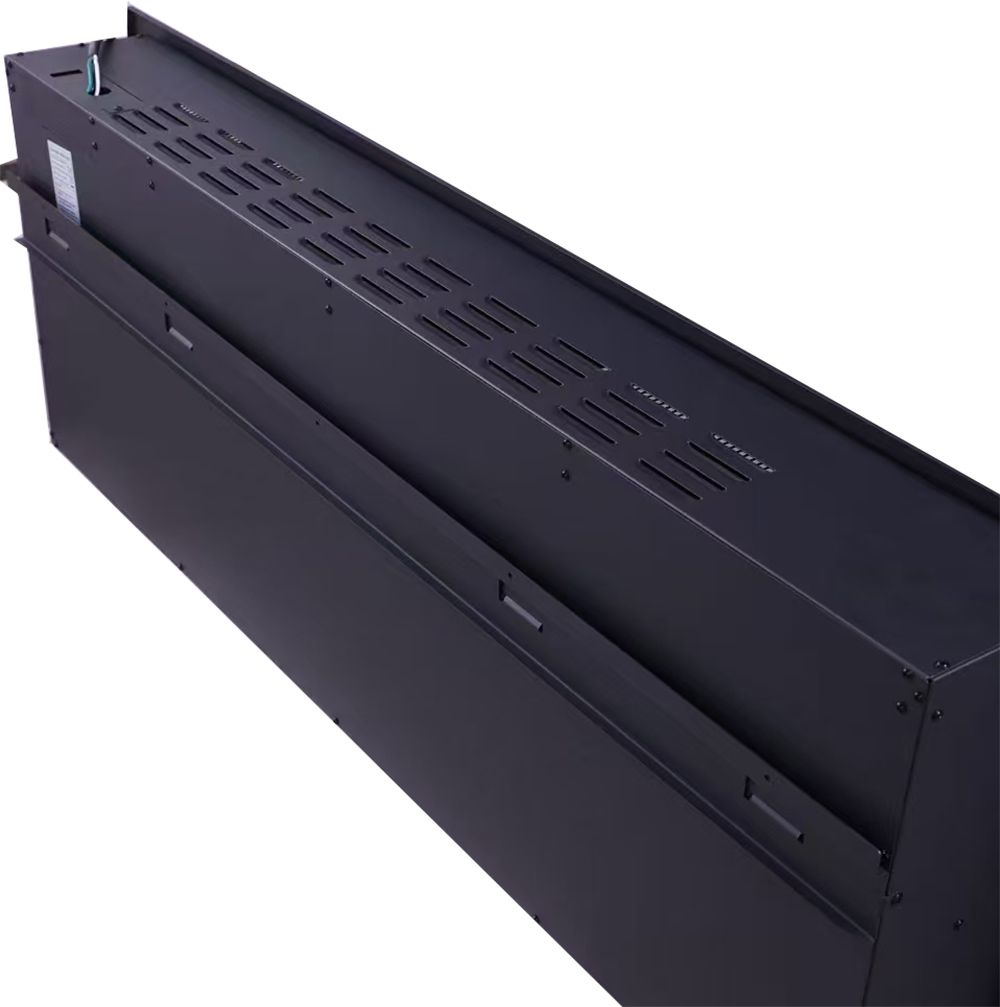Black metal bracket or support structure on  a lumo electric fire with a white background