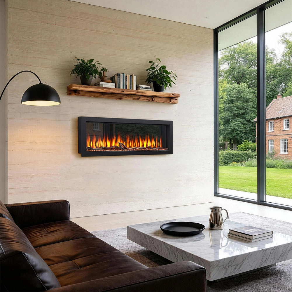 Modern living room with Lumo Vision electric fireplace, brown sofa, and large window.