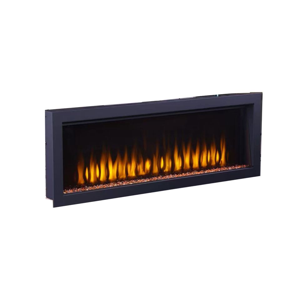 Modern electric fireplace with glowing flames on a white background