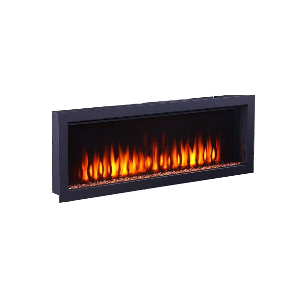 Modern electric fireplace with glowing flames on a white background